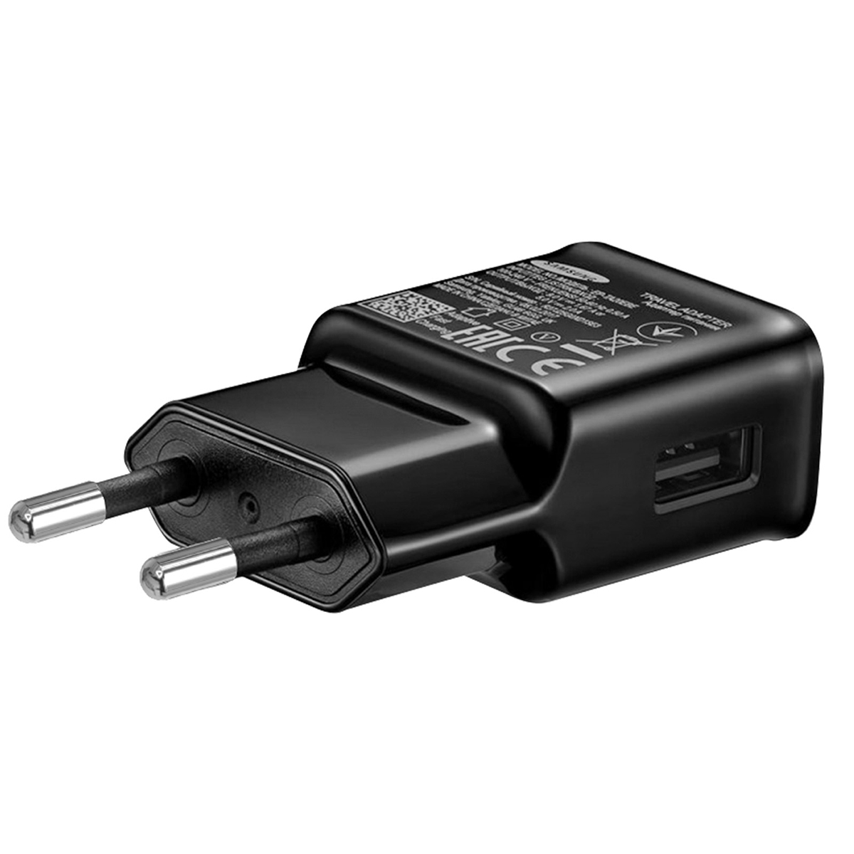 Ein schwarzes Samsung-Ladegerät mit zwei Stiften und einem USB-Anschluss.