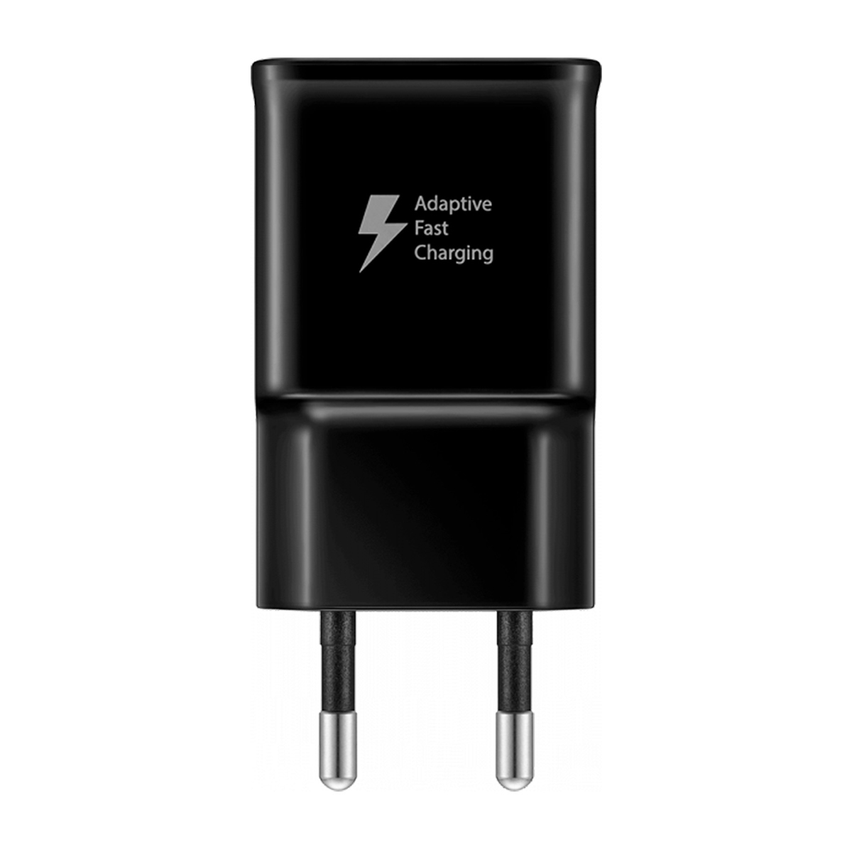 Ein schwarzes Telefonladegerät mit USB-Anschluss und zwei Stiften. Es hat 'Adaptive Fast Charging' darauf geschrieben.
