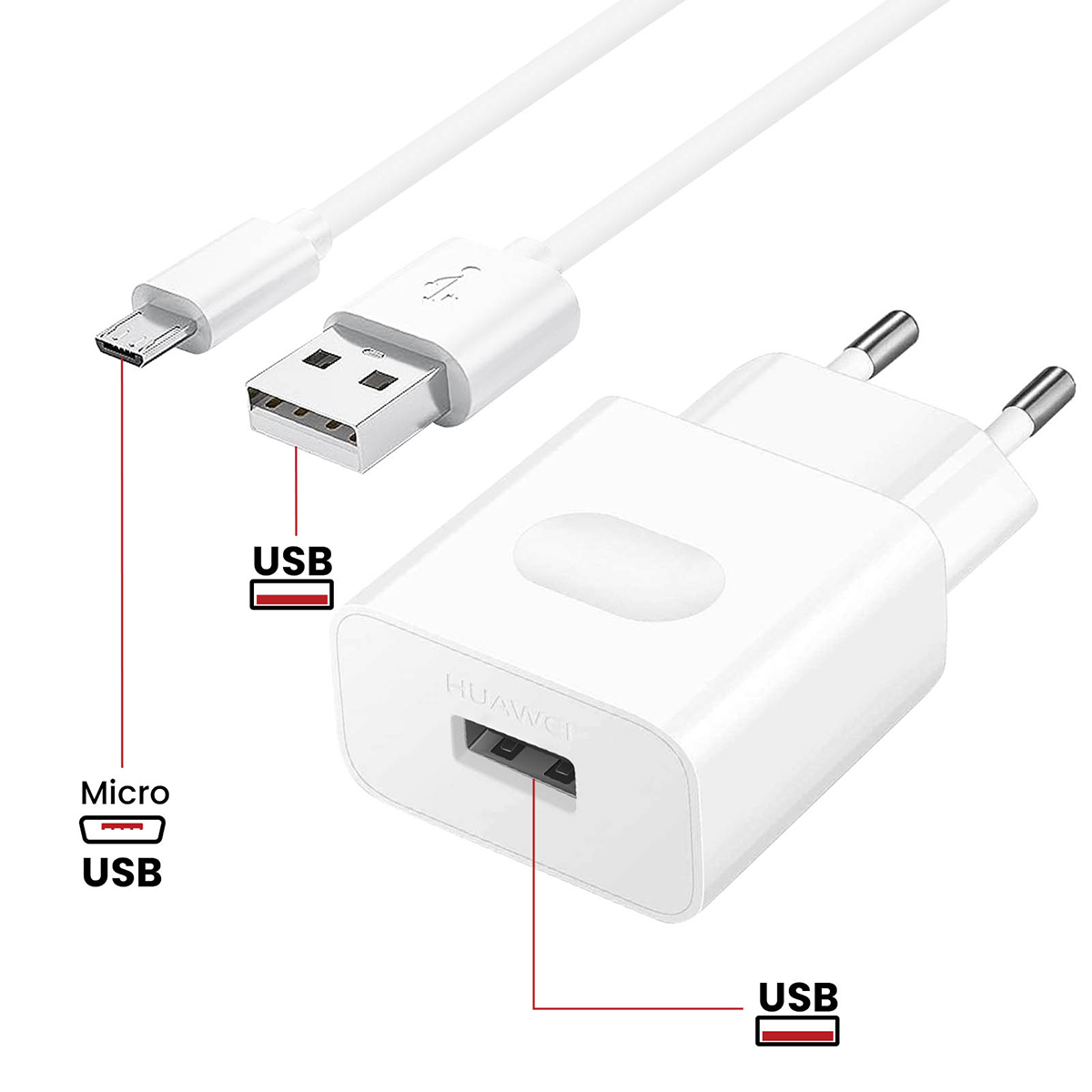 Un caricabatterie Huawei bianco con cavo USB e porte USB e Micro USB.