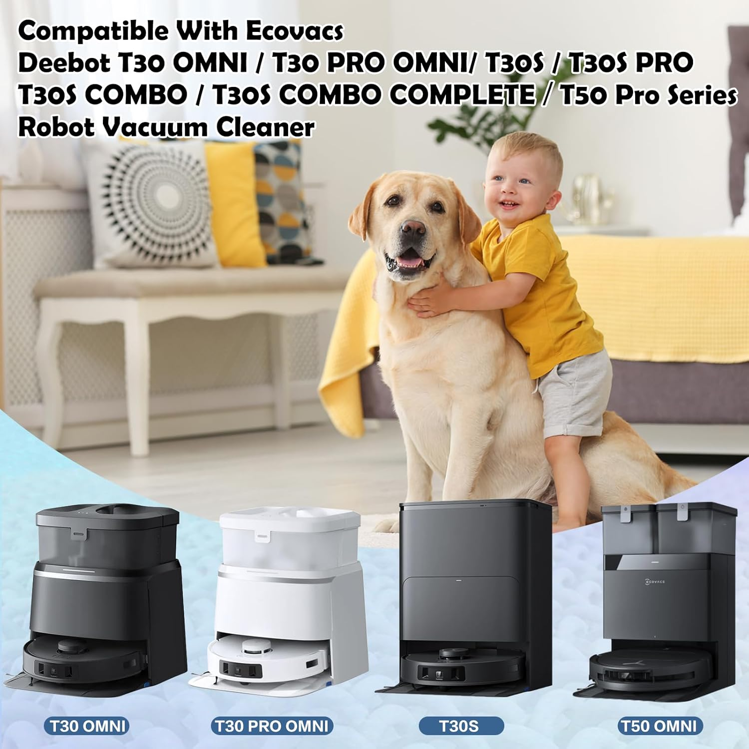 Ein Kind umarmt einen Hund. Roboter-Staubsauger werden unten angezeigt.