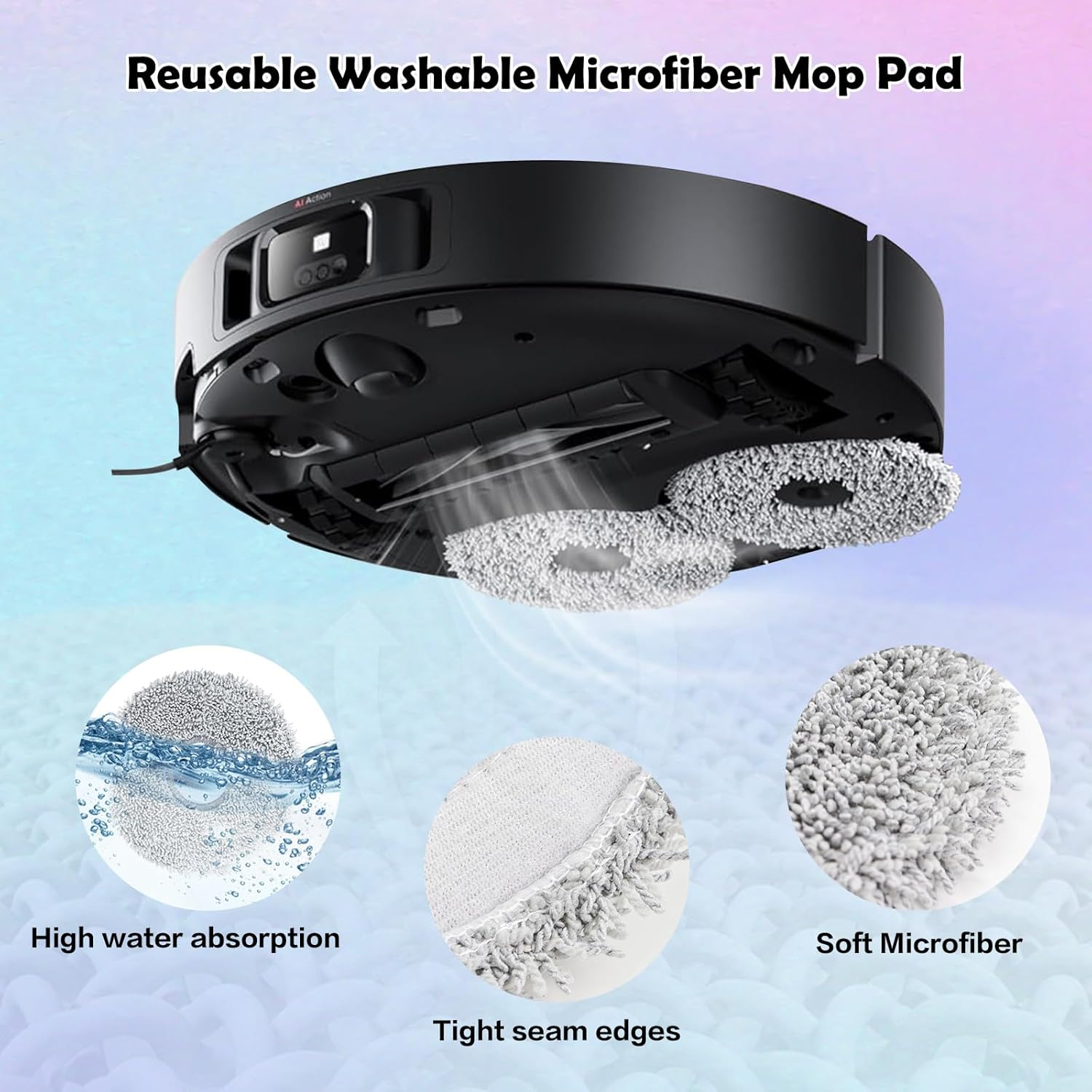Ein schwarzer Roboterstaubsauger mit Reinigungspads. Details zeigen Wasseraufnahme, enge Kanten und weiche Mikrofaser.