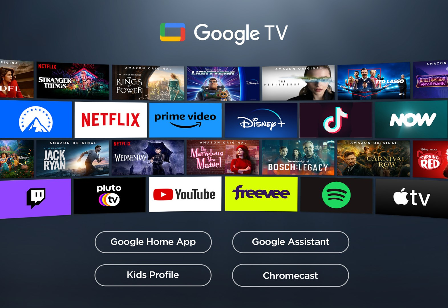 Un'interfaccia di Google TV che mostra i servizi di streaming. Vengono visualizzati servizi come Netflix, Prime Video, Disney+ e YouTube.