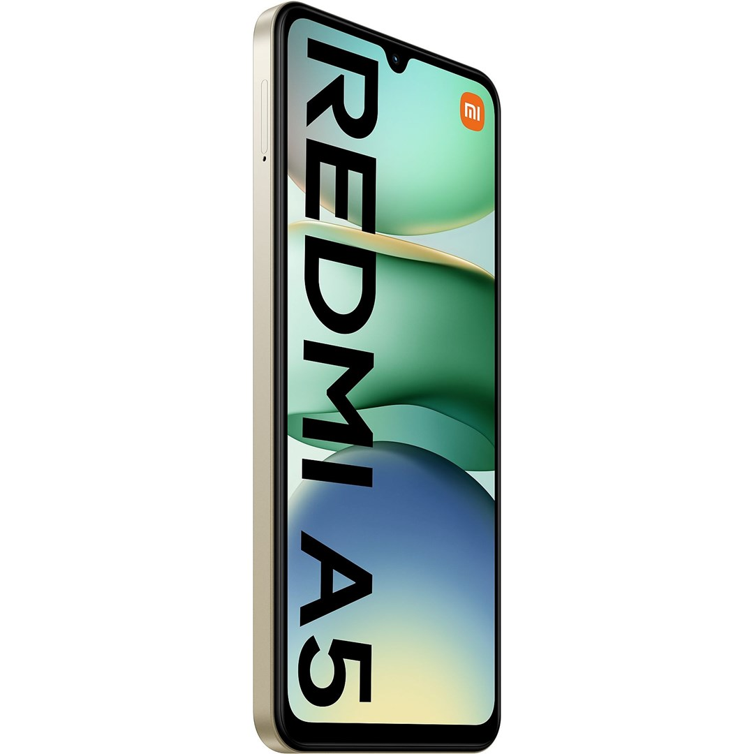 Gold smartphone with a screen displaying the words 'REDMI A5'. The background has green and blue abstract shapes.