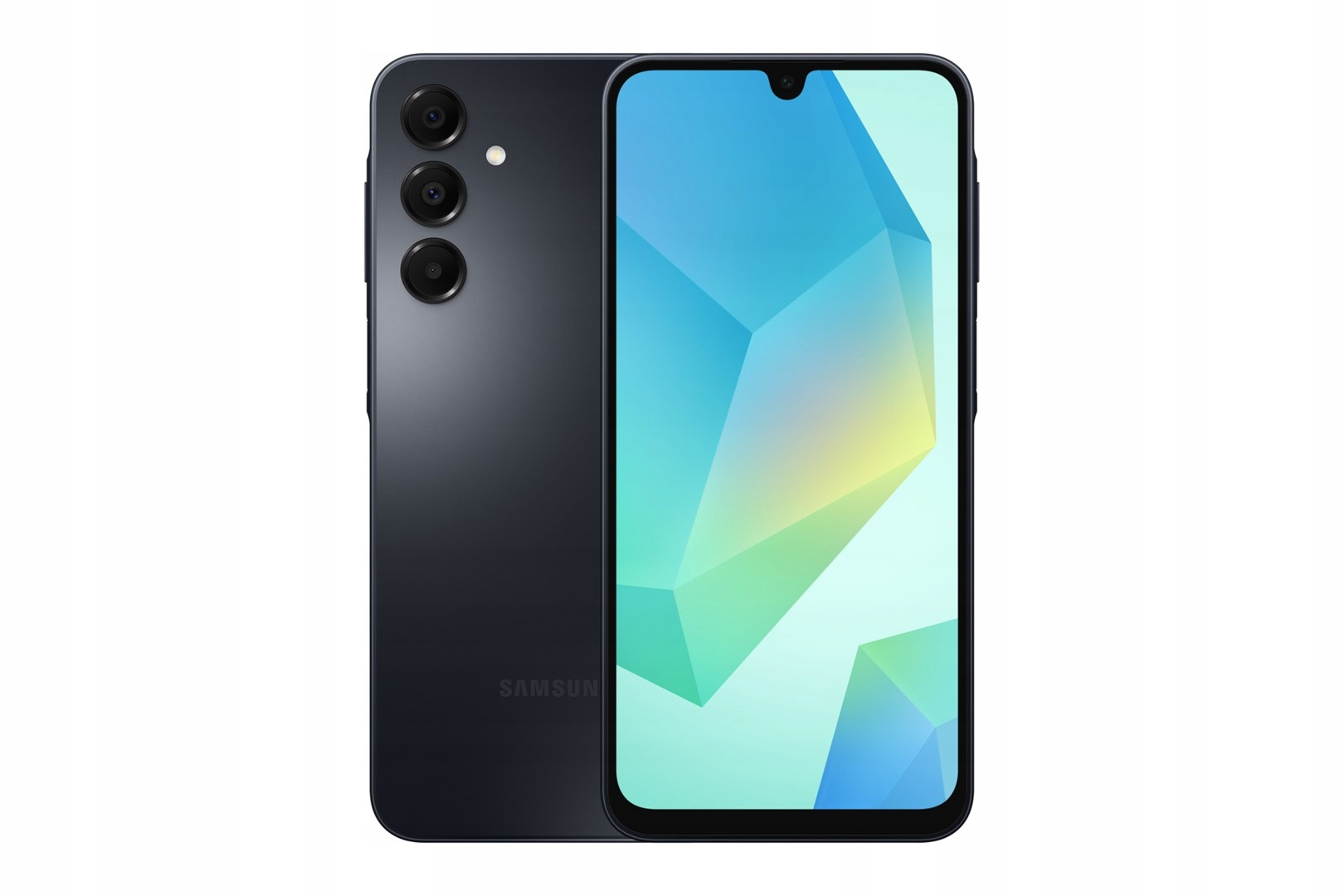 Smartphone negro con tres cámaras traseras, y una pantalla mostrando un diseño abstracto azul y verde. 'SAMSUNG' en la parte trasera.