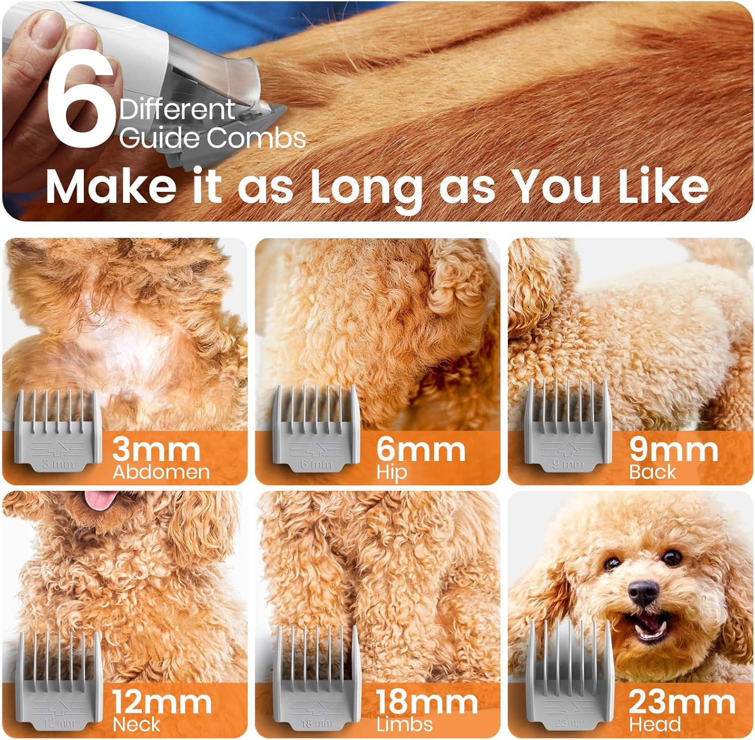 Image shows 6 different guide combs for pet grooming, with examples of fur lengths.