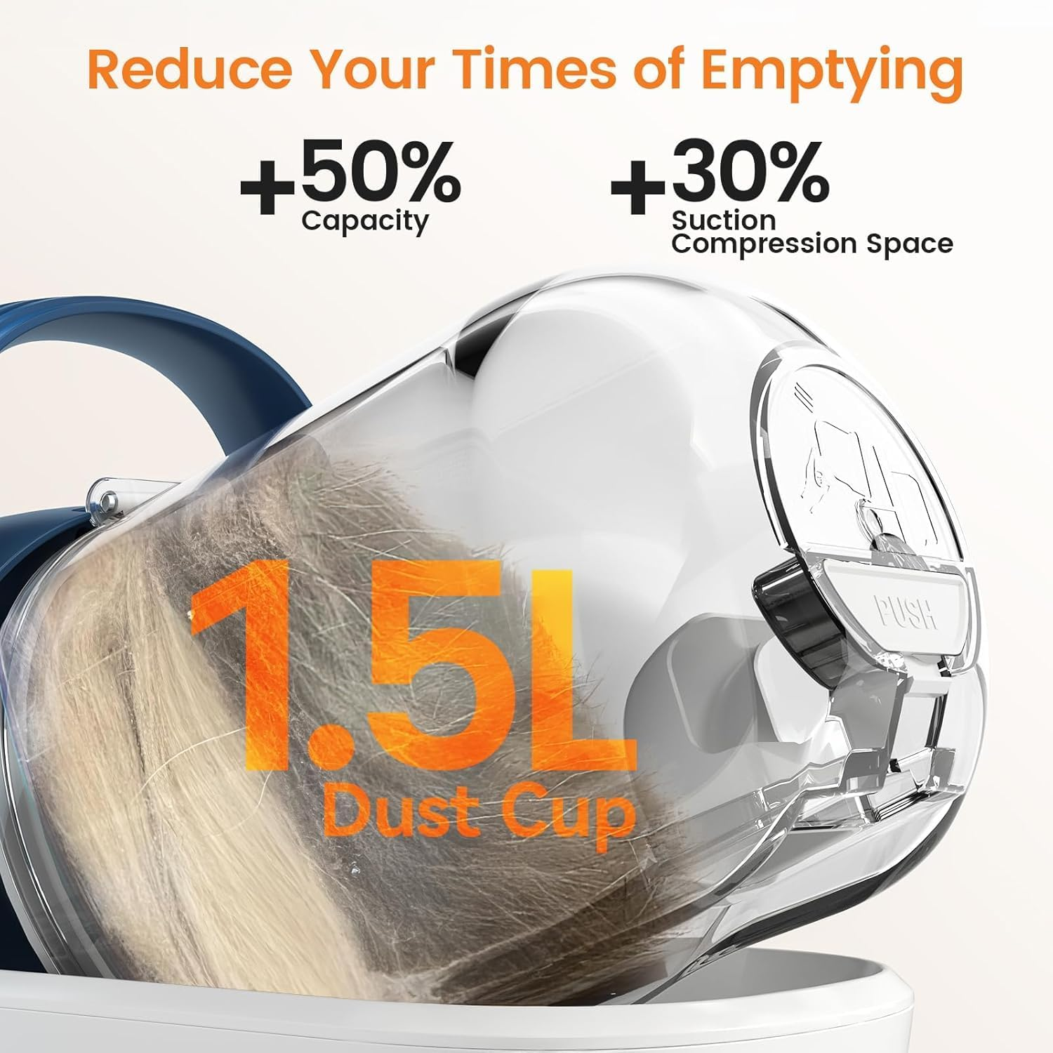 A transparent dust cup with a light-colored interior. Promotional text describes capacity and suction.
