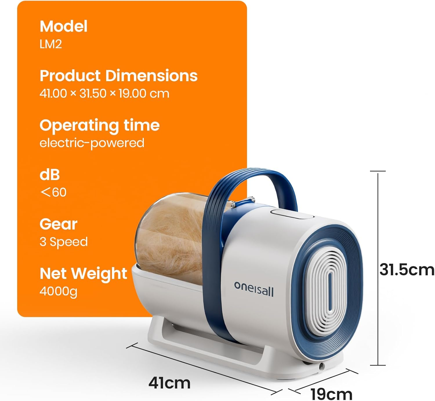 An electric pet hair remover with product information on the left side.