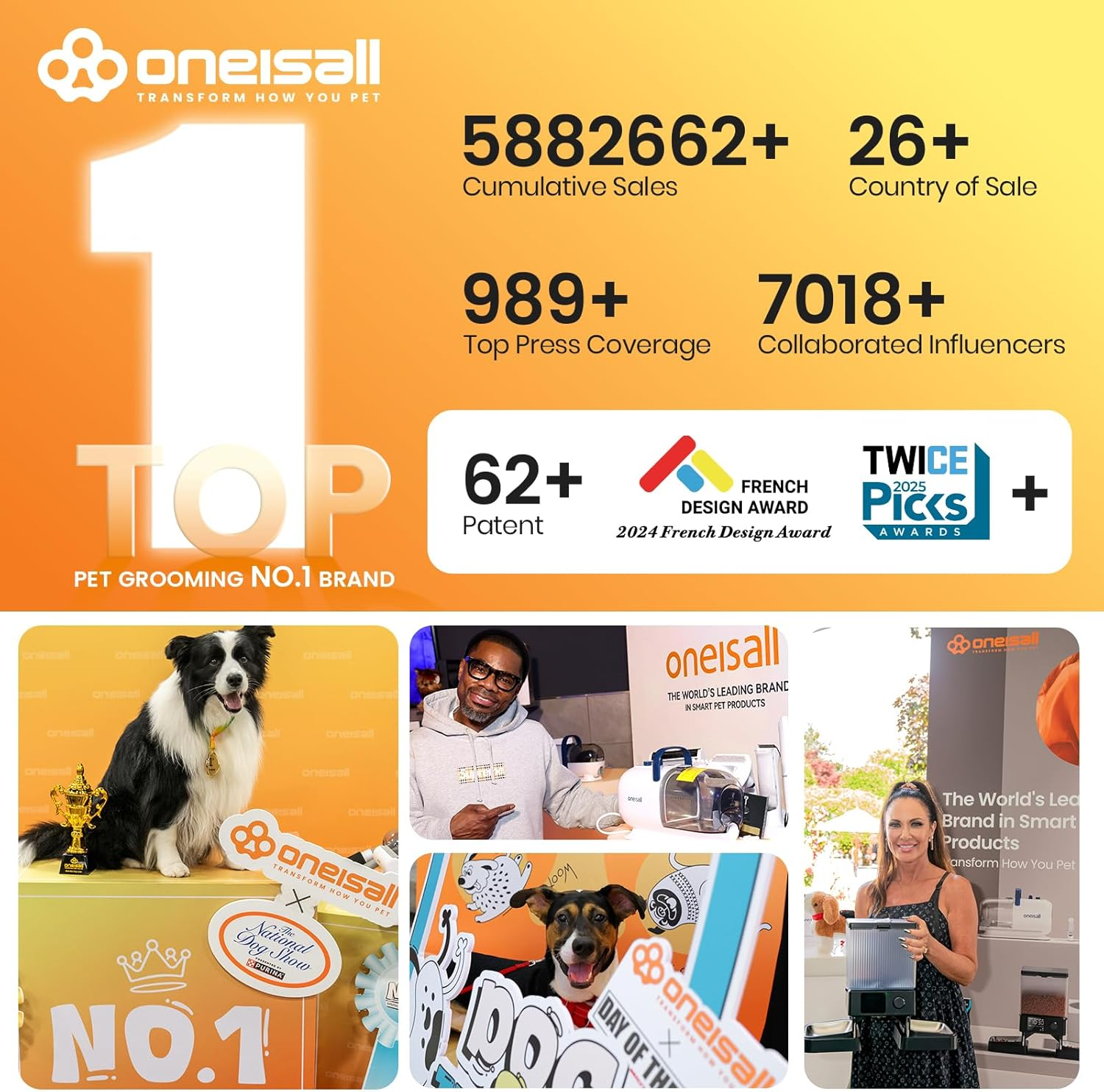 A promotional image with various elements, including a dog, awards, and text about the brand's success.