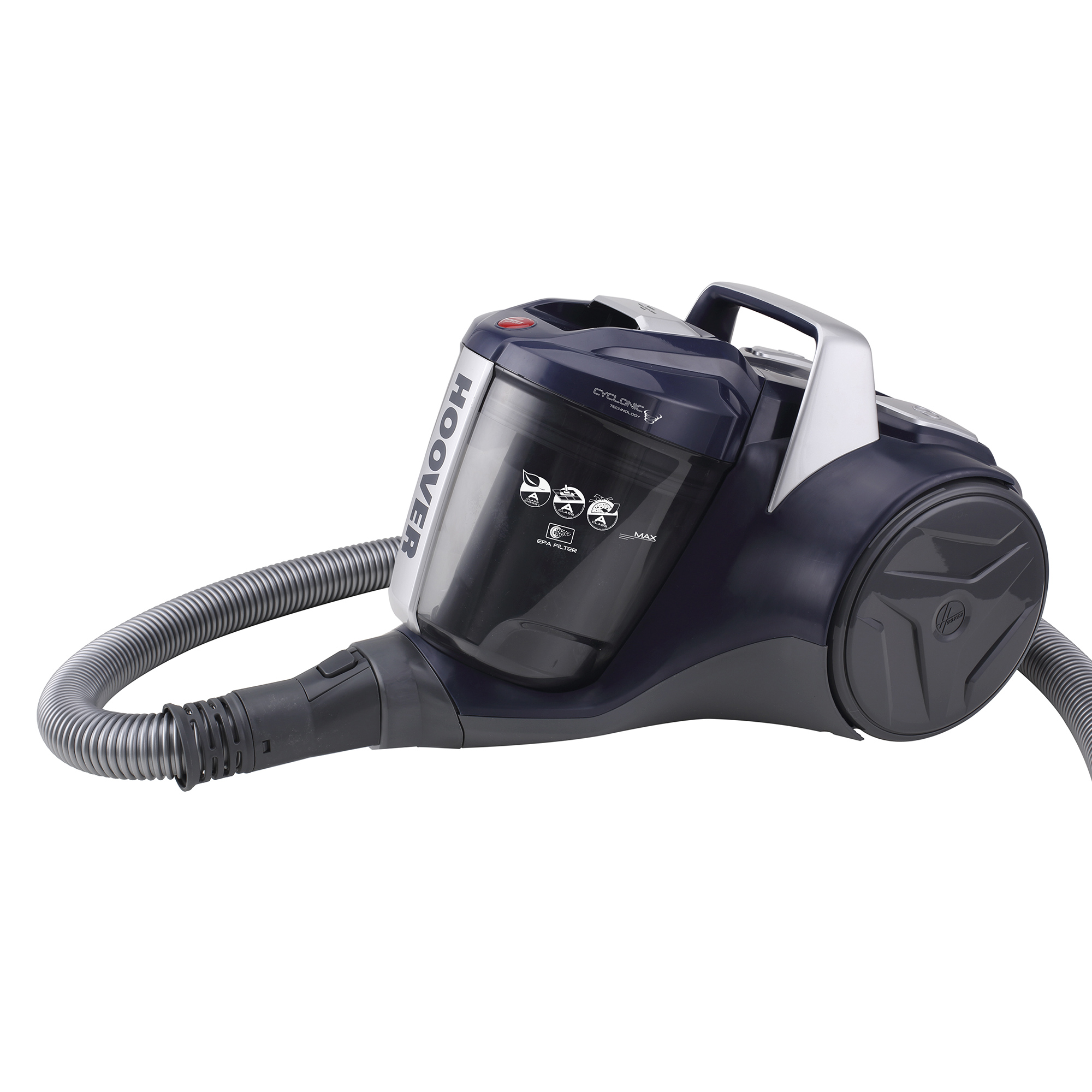Niebiesko-srebrny odkurzacz Hoover. Posiada wąż i uchwyt. Widoczne są napisy "HOOVER" i "CYCLONIC".