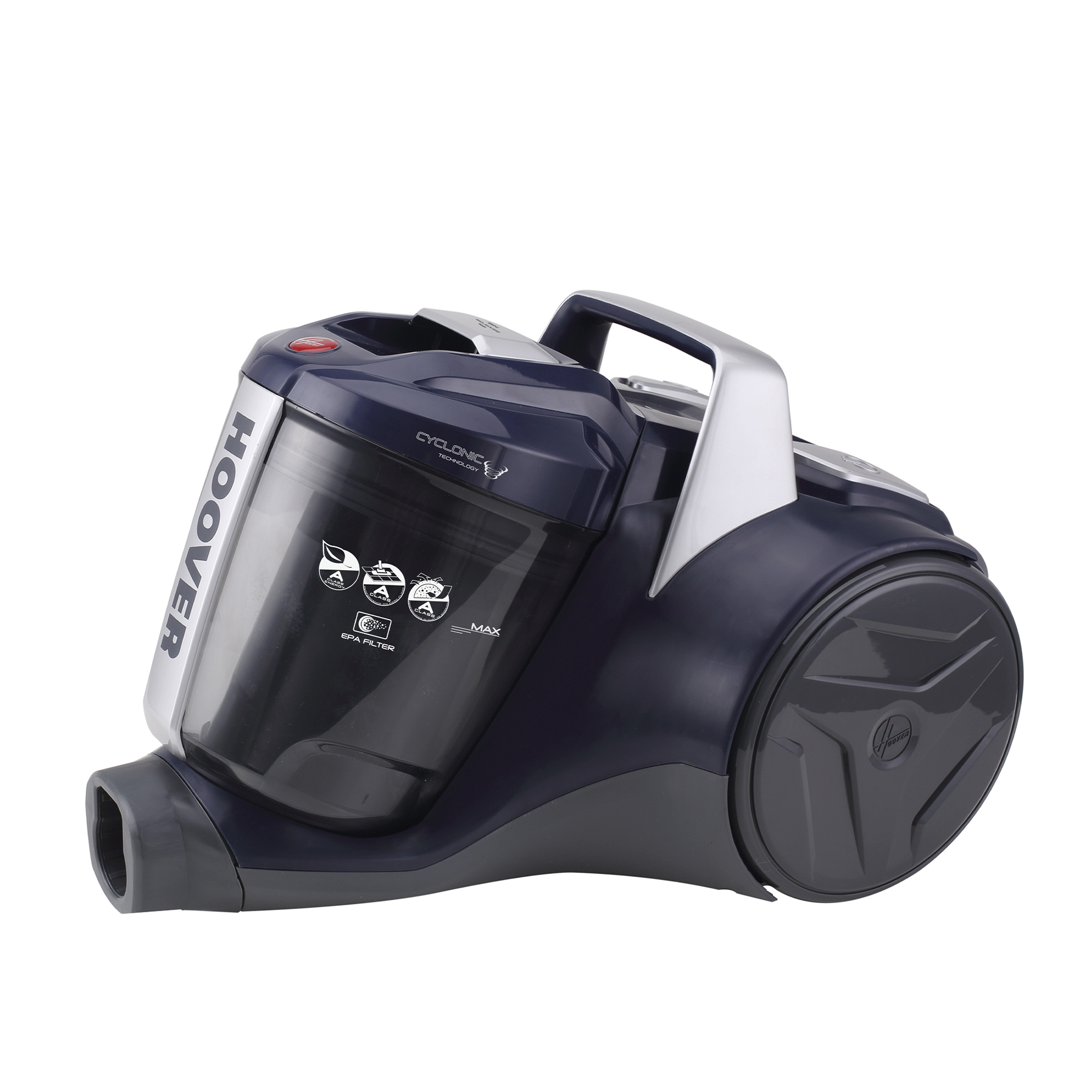 Zbliżenie niebiesko-szarego odkurzacza Hoover. Widoczny pojemnik na kurz.