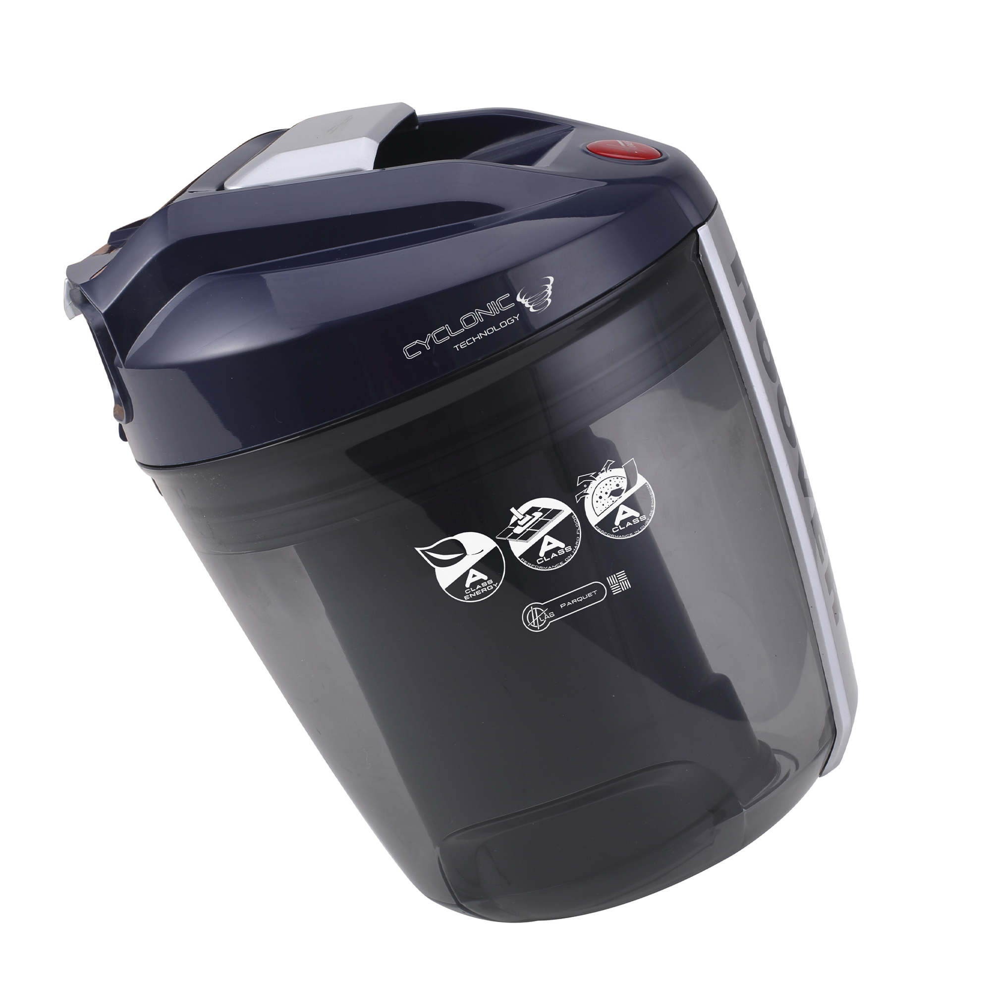 Czarny i niebieski pojemnik na kurz odkurzacza z ikonami i tekstem.