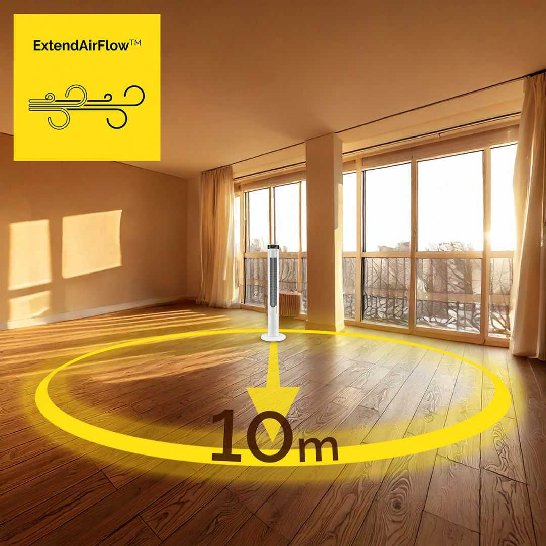 Wentylator wieżowy w salonie. Żółte koło ze strzałką pokazuje odległość przepływu powietrza wynoszącą 10 m.