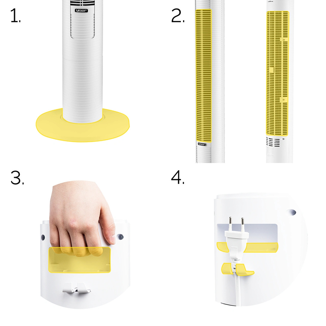 Zbliżenie białego wentylatora z żółtą podstawą i szczegółami przewodu zasilającego. Różne widoki wentylatora.