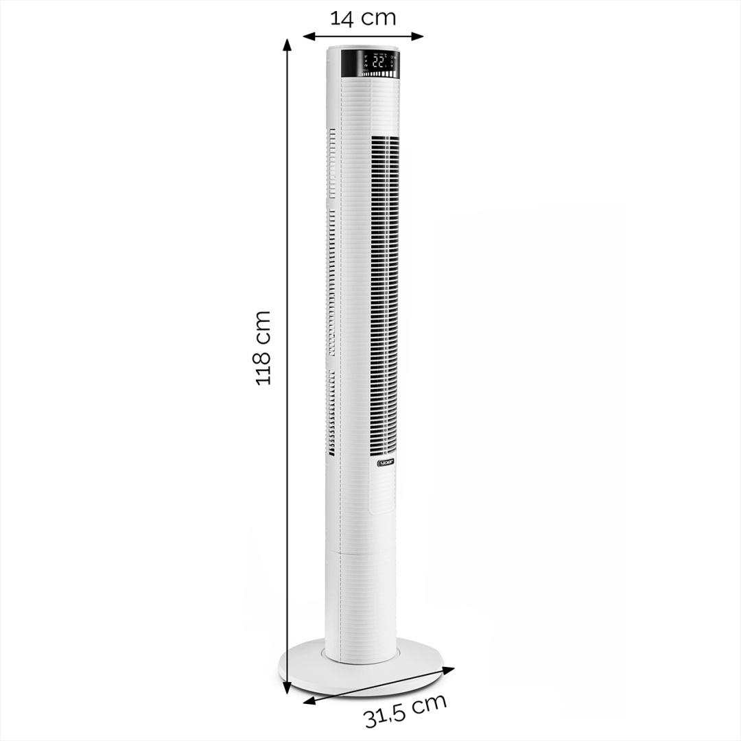 Biały wentylator wieżowy z cyfrowym wyświetlaczem. Wymiary: 118 cm wysokości, 31,5 cm podstawy i 14 cm szerokości.