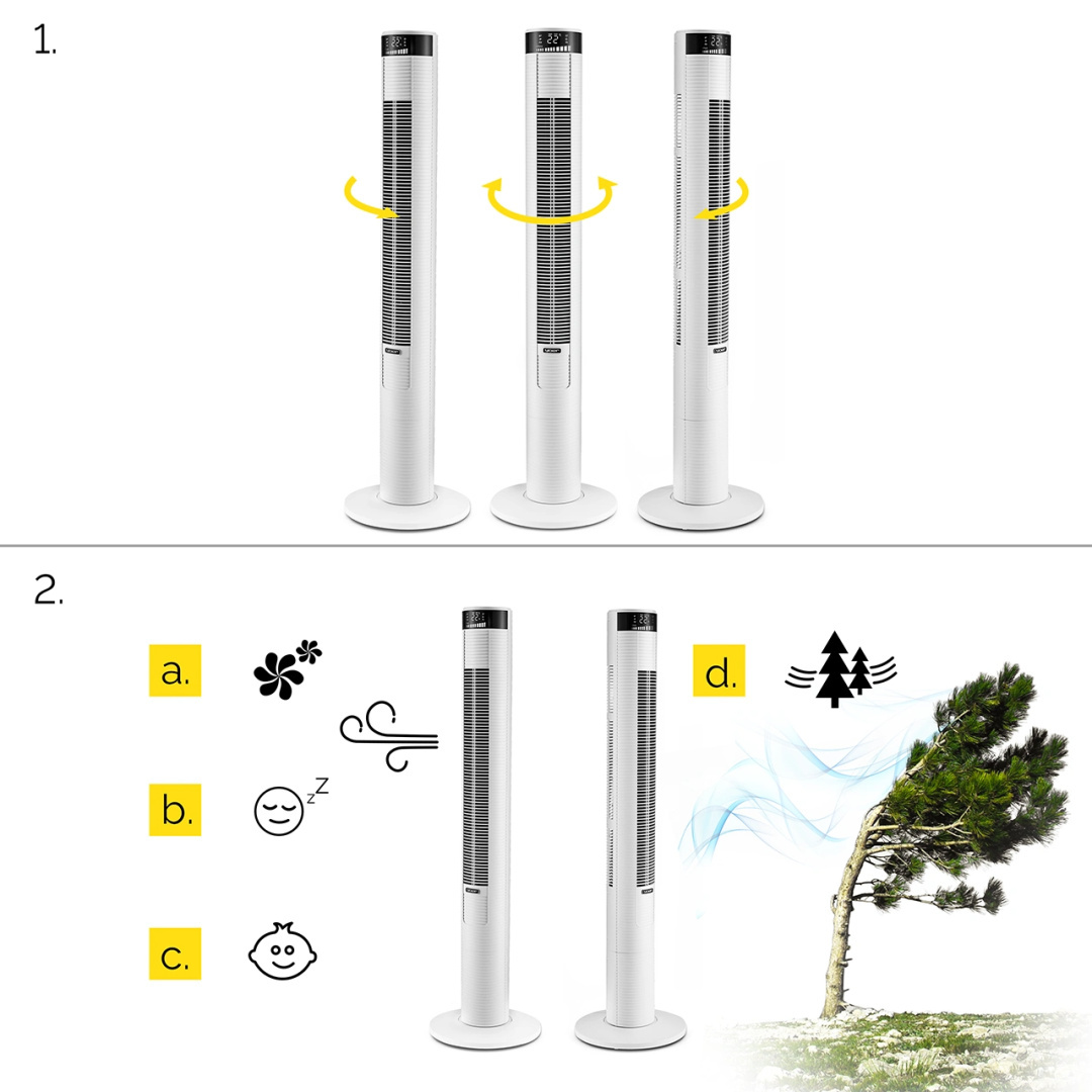 Trzy wentylatory wieżowe. Jeden ze strzałkami, jeden z ikonami snu i dziecka, jeden z ikonami wiatru i sosny.