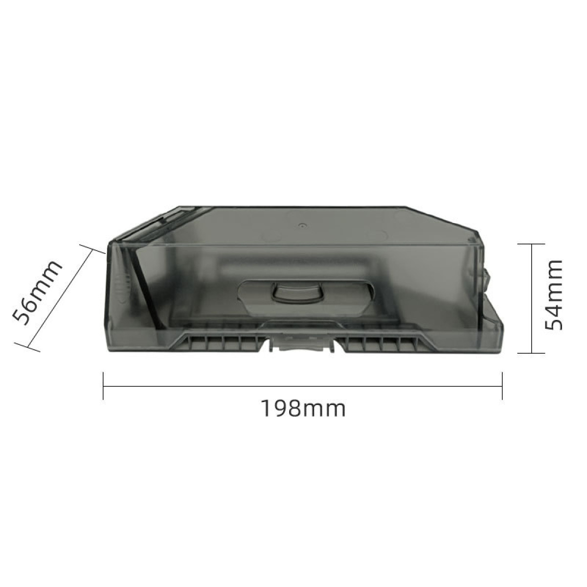 Un contenitore rettangolare in plastica trasparente con dimensioni etichettate: 198mm x 56mm x 54mm.