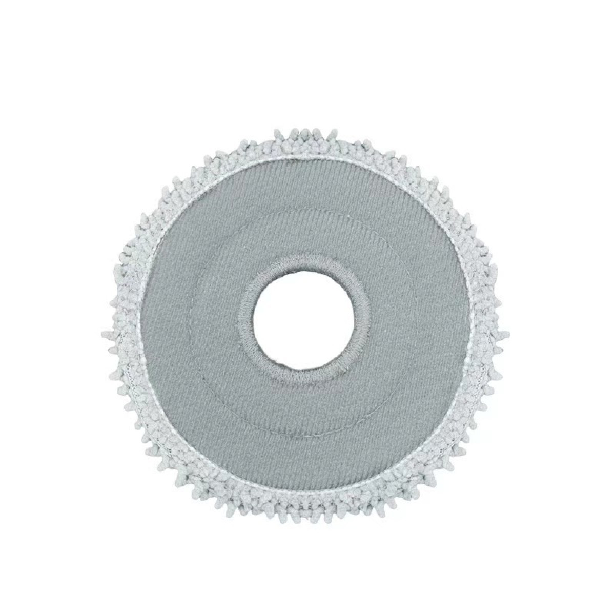 Un tampone per mocio rotondo grigio. Il tampone ha un foro centrale e un bordo soffice.