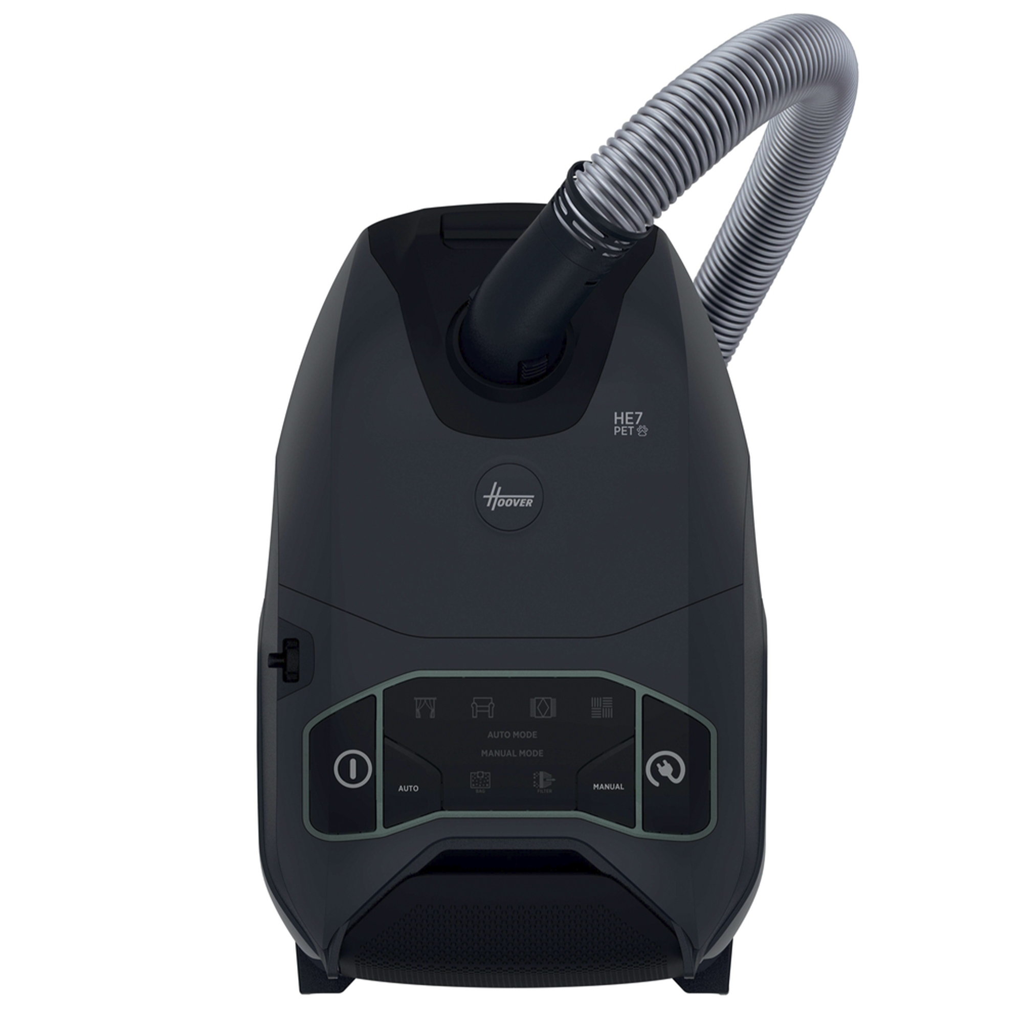 Czarny odkurzacz Hoover z szarym wężem. Z przodu znajdują się przyciski i wyświetlacz.