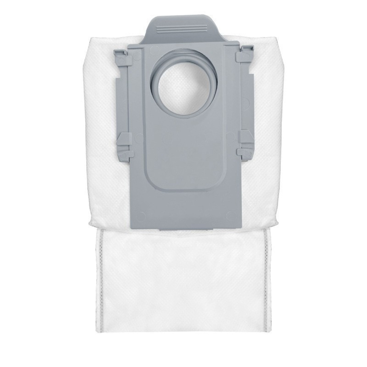 Un sacchetto filtro bianco per aspirapolvere con una parte superiore in plastica grigia. La borsa è rettangolare.