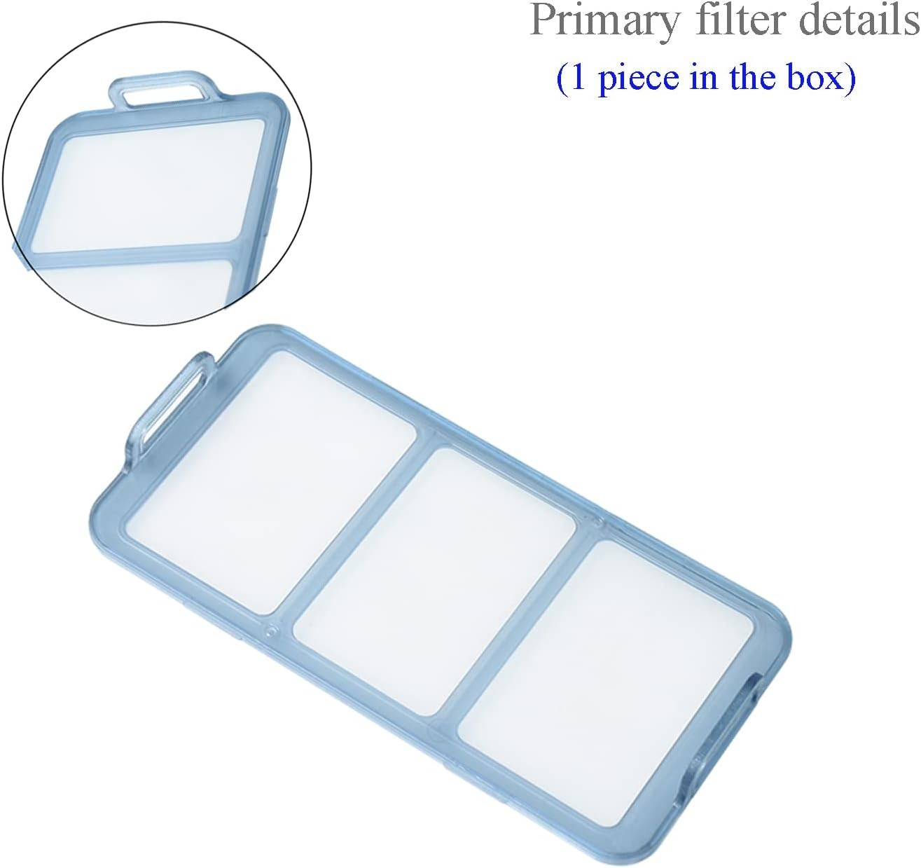 Un filtro primario blu e bianco per un aspirapolvere. Ha una maniglia e tre sezioni di filtro rettangolari.
