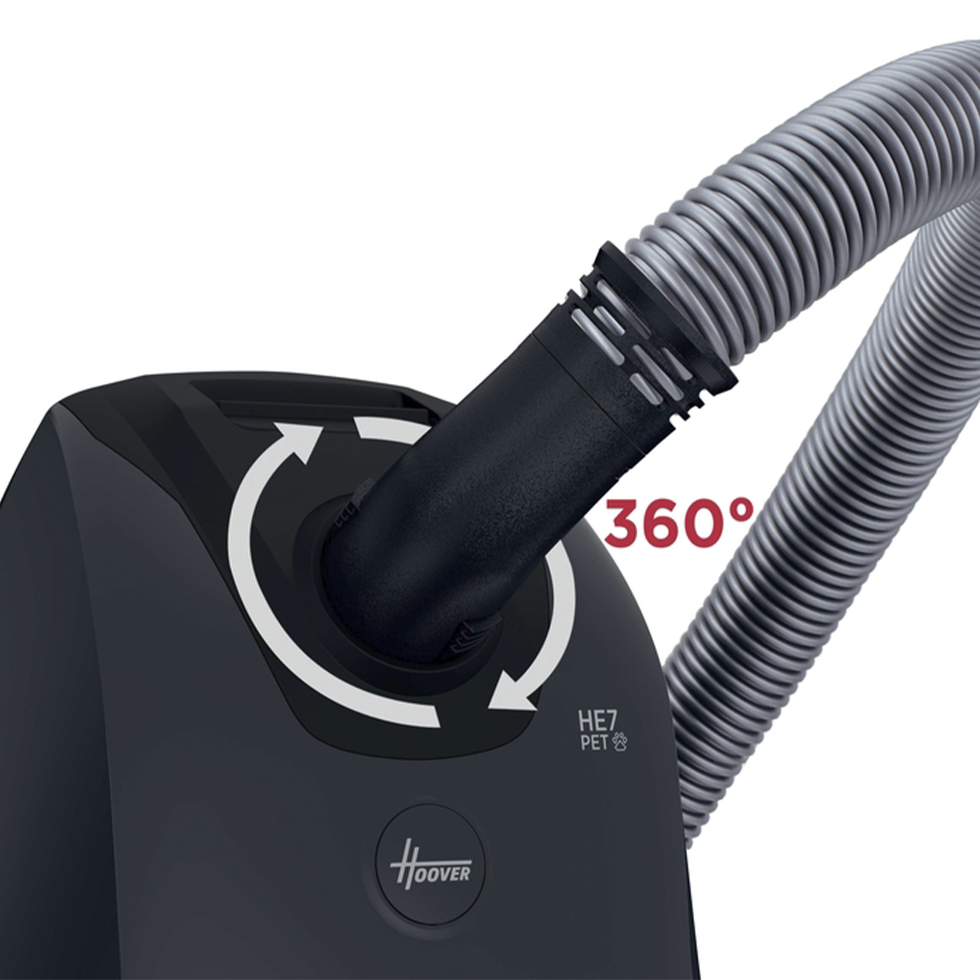 Odkurzacz z wężem podłączonym pod kątem 360 stopni, widoczna marka Hoover.