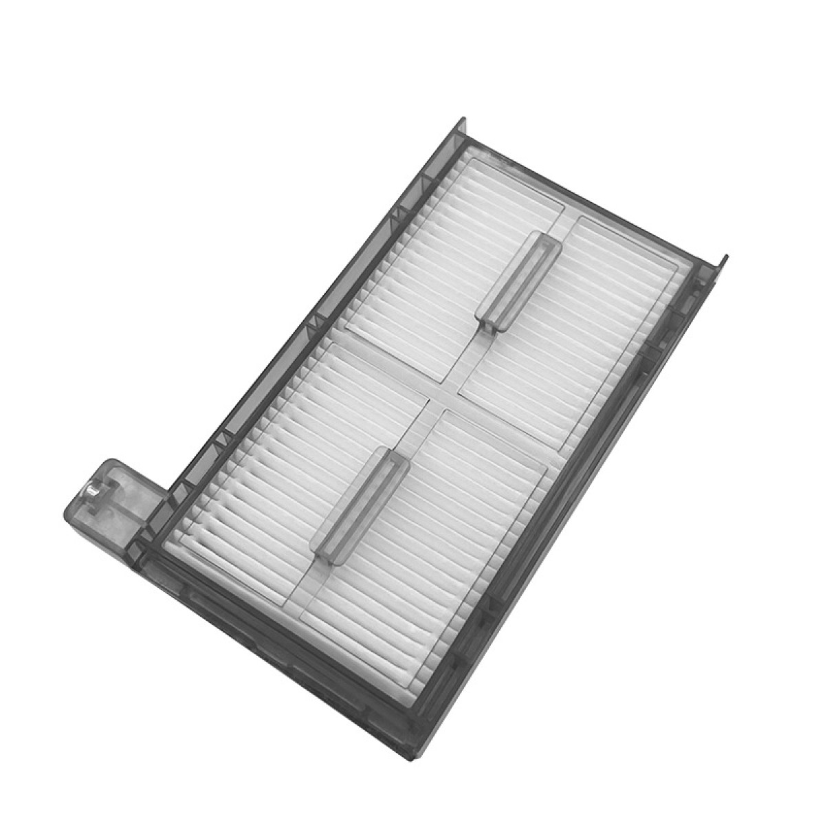 Un filtro per aspirapolvere rettangolare con materiale filtrante bianco all'interno di una cornice nera.