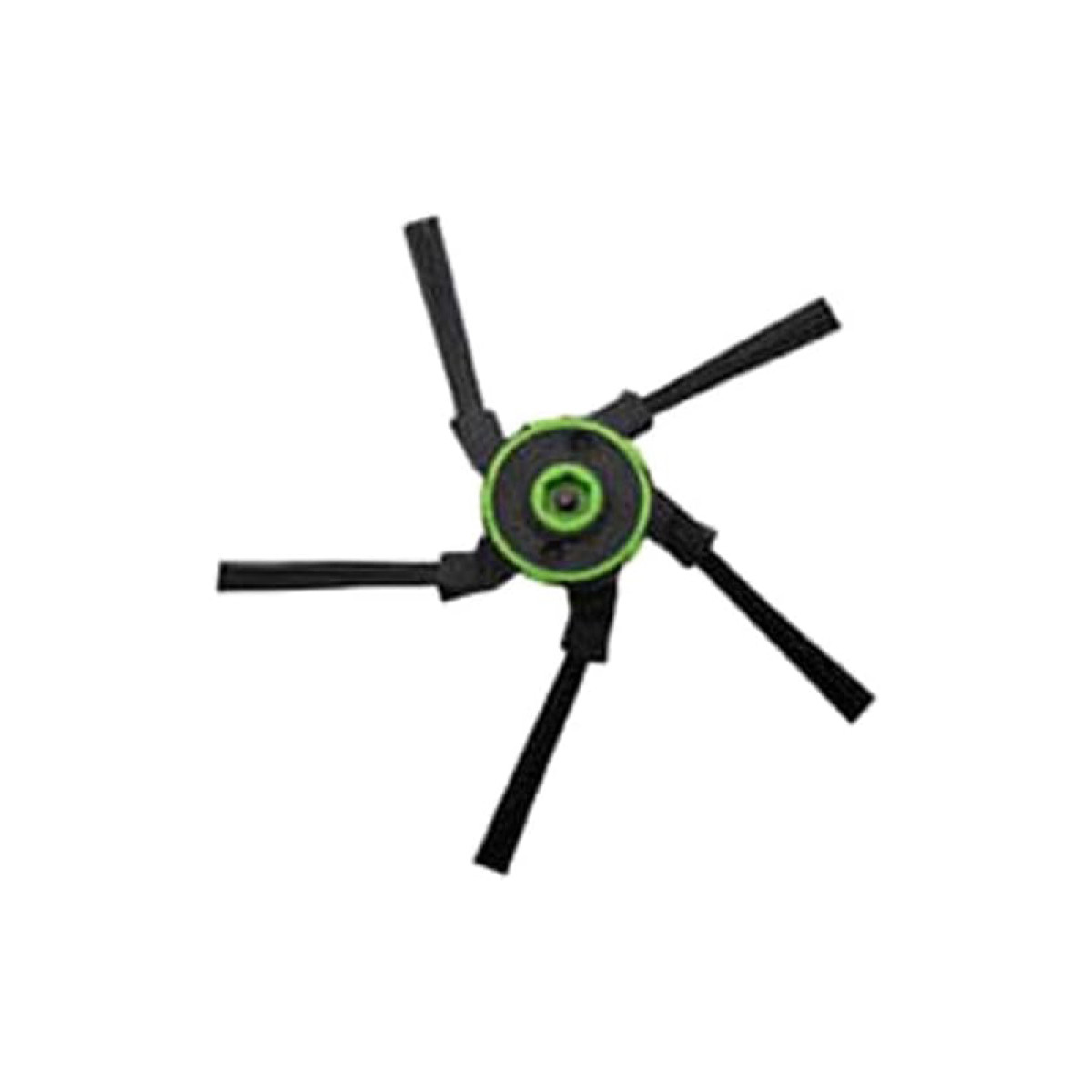 Una spazzola per robot aspirapolvere nera e verde. Sei bracci neri si estendono da un mozzo centrale verde e nero.