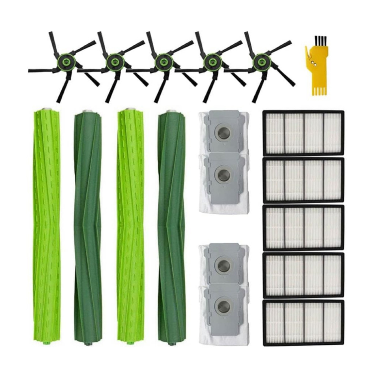 Accessori per aspirapolvere robot: spazzole, rulli, filtri e sacchi per la polvere. I colori verde e nero dominano.