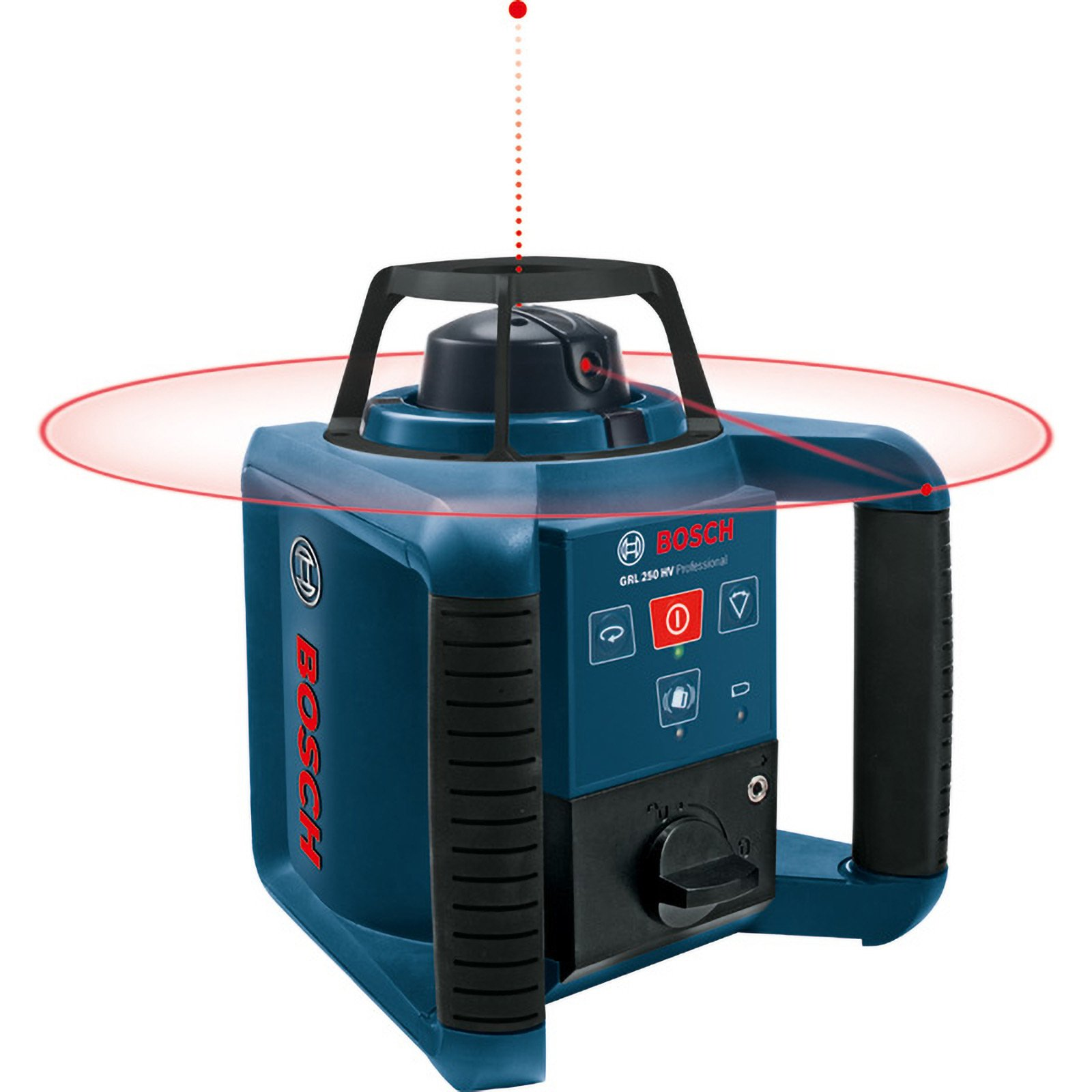Ein blau-schwarzes Bosch-Laser-Nivelliergerät, das einen roten Laser aussendet. Es hat Knöpfe und einen Griff.