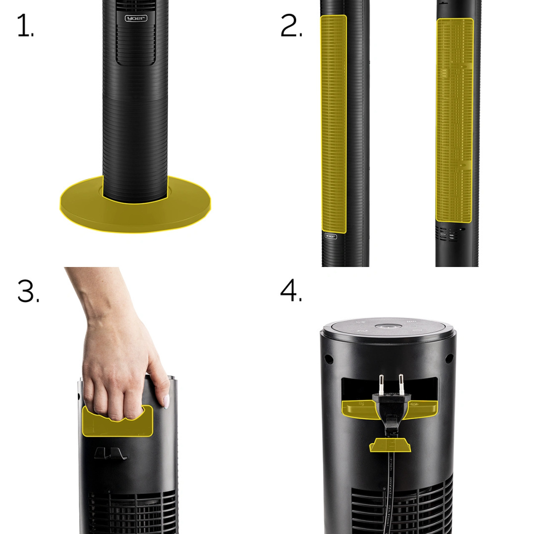 Czarny wentylator wieżowy pokazany w czterech różnych widokach, podkreślających jego podstawę i cechy.