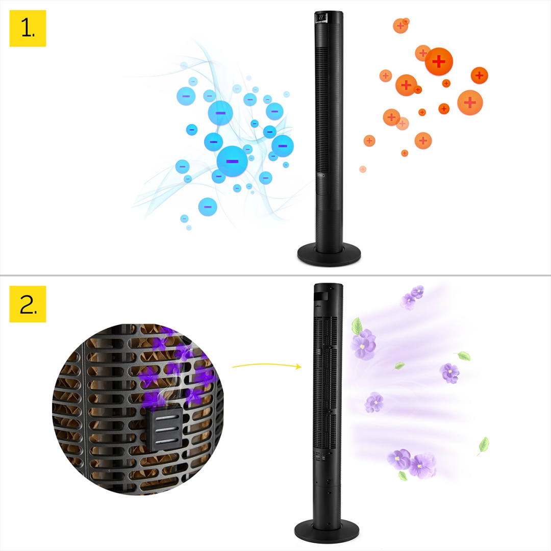 Czarny wentylator wieżowy z ilustracjami cząsteczek powietrza i kwiatów. Pokazuje oczyszczanie powietrza i dyfuzję zapachów.