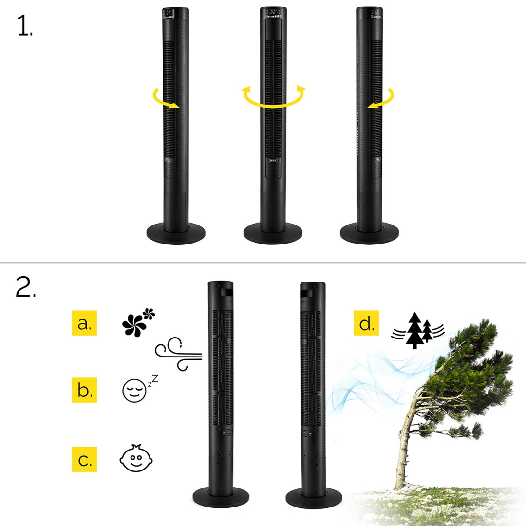 Czarne wentylatory wieżowe ze strzałkami kierunkowymi, ikonami snu i dziecka oraz zgiętym drzewem. Pokazuje różne funkcje i tryby.