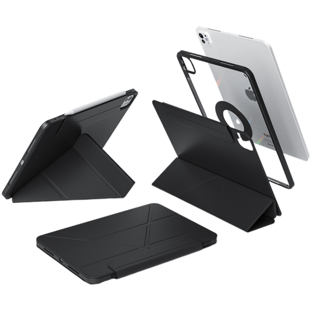 Più custodie iPad nere, una con stilo e tablet. Sfondo bianco.