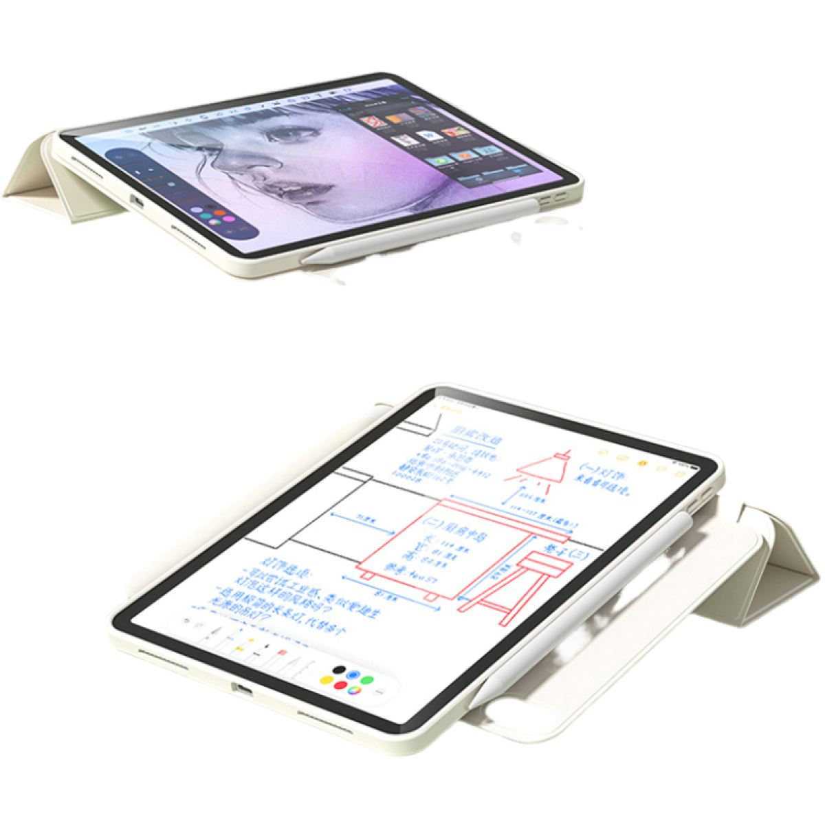 Due iPad con custodie bianche e stilo, aperti su una superficie bianca. Uno mostra un disegno.