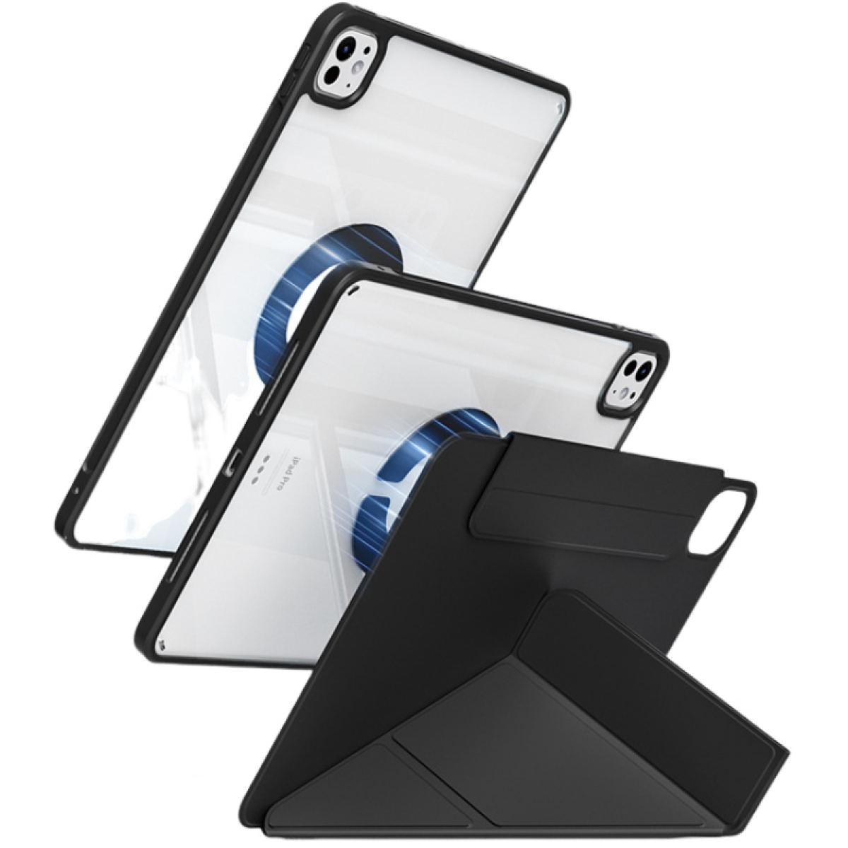Più iPad con custodie nere e retro trasparente. Sfondo bianco.