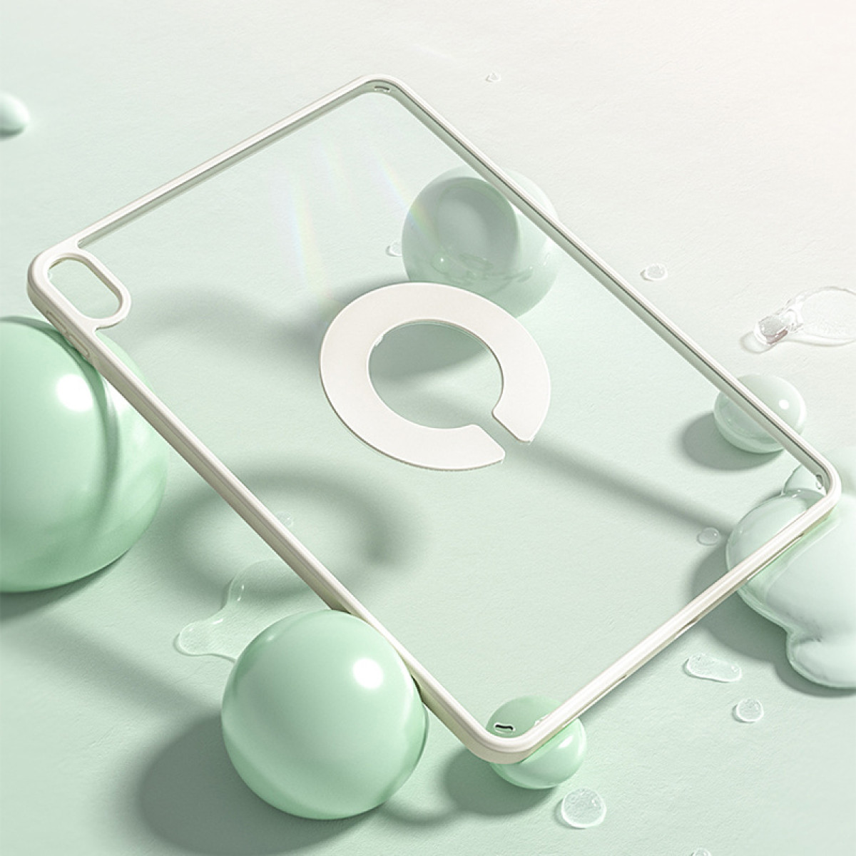 Una custodia per tablet trasparente con bordo bianco e sfere verde menta.