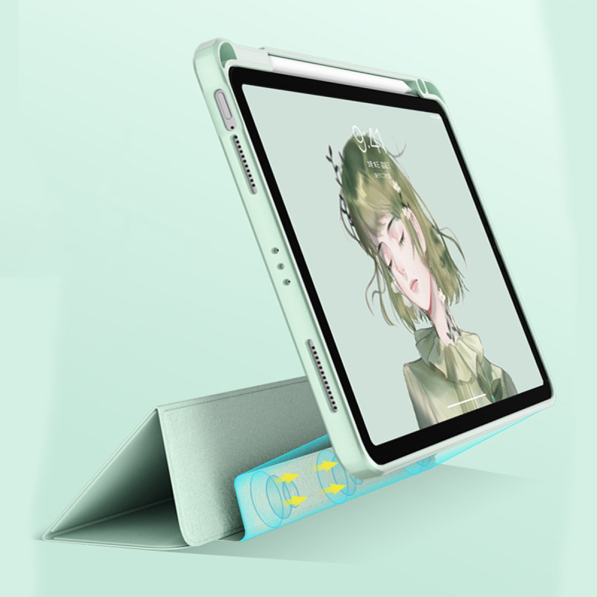 Ein Tablet mit grüner Hülle, das eine Zeichnung einer Frau zeigt.