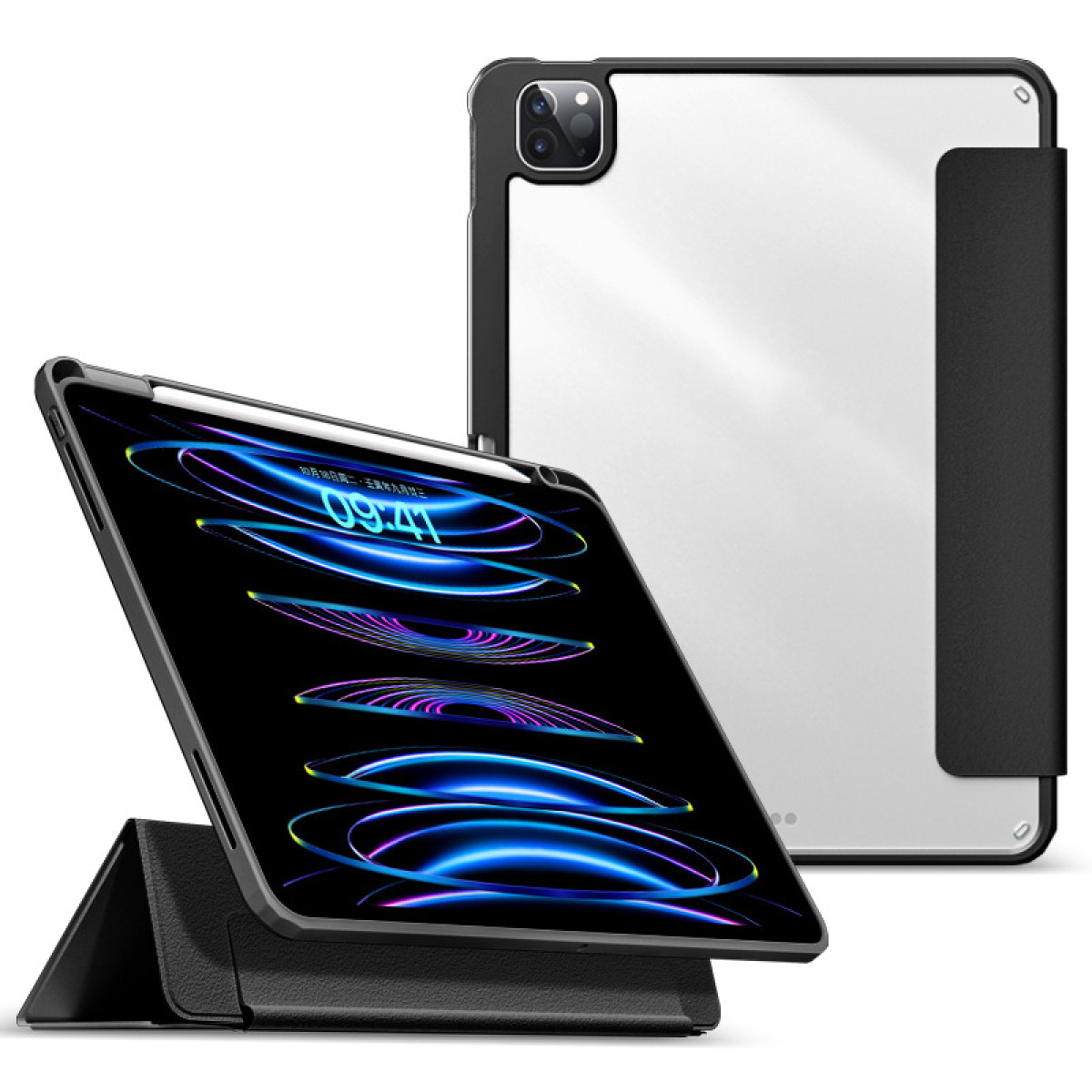 iPad mit schwarzer Hülle und Stift auf dem Bildschirm, zeigt die Zeit 09:41. Weißer Hintergrund.