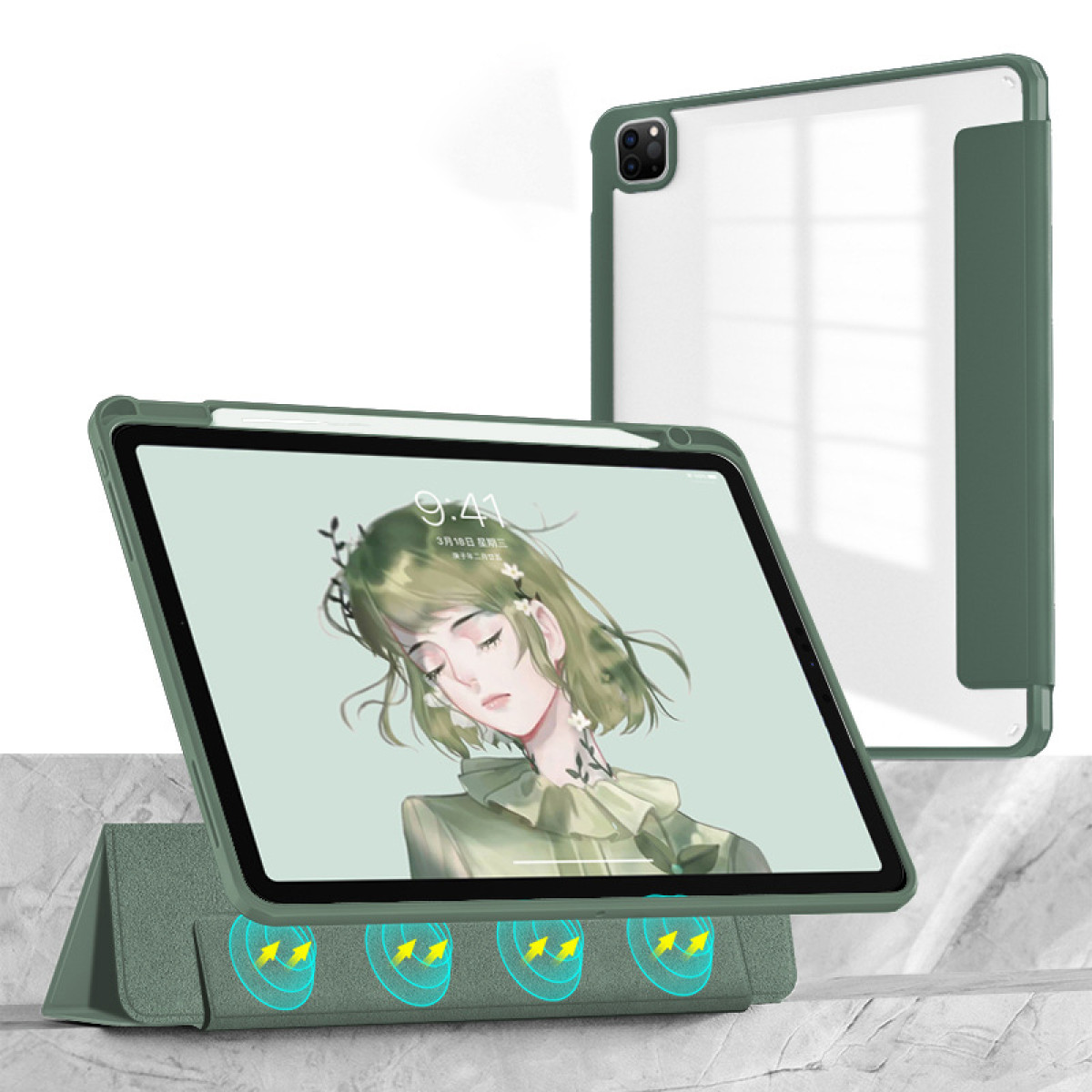 Grüne Tablet-Hülle mit Tablet, das ein Mädchengesicht zeigt. Eine weitere Hülle ist dahinter.