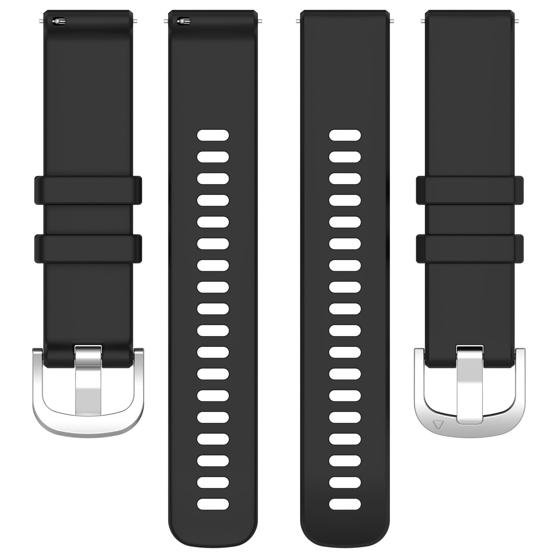 Vier schwarze Uhrenarmbandteile mit Metallschnallen. Zwei Armbänder und zwei Schnallen.