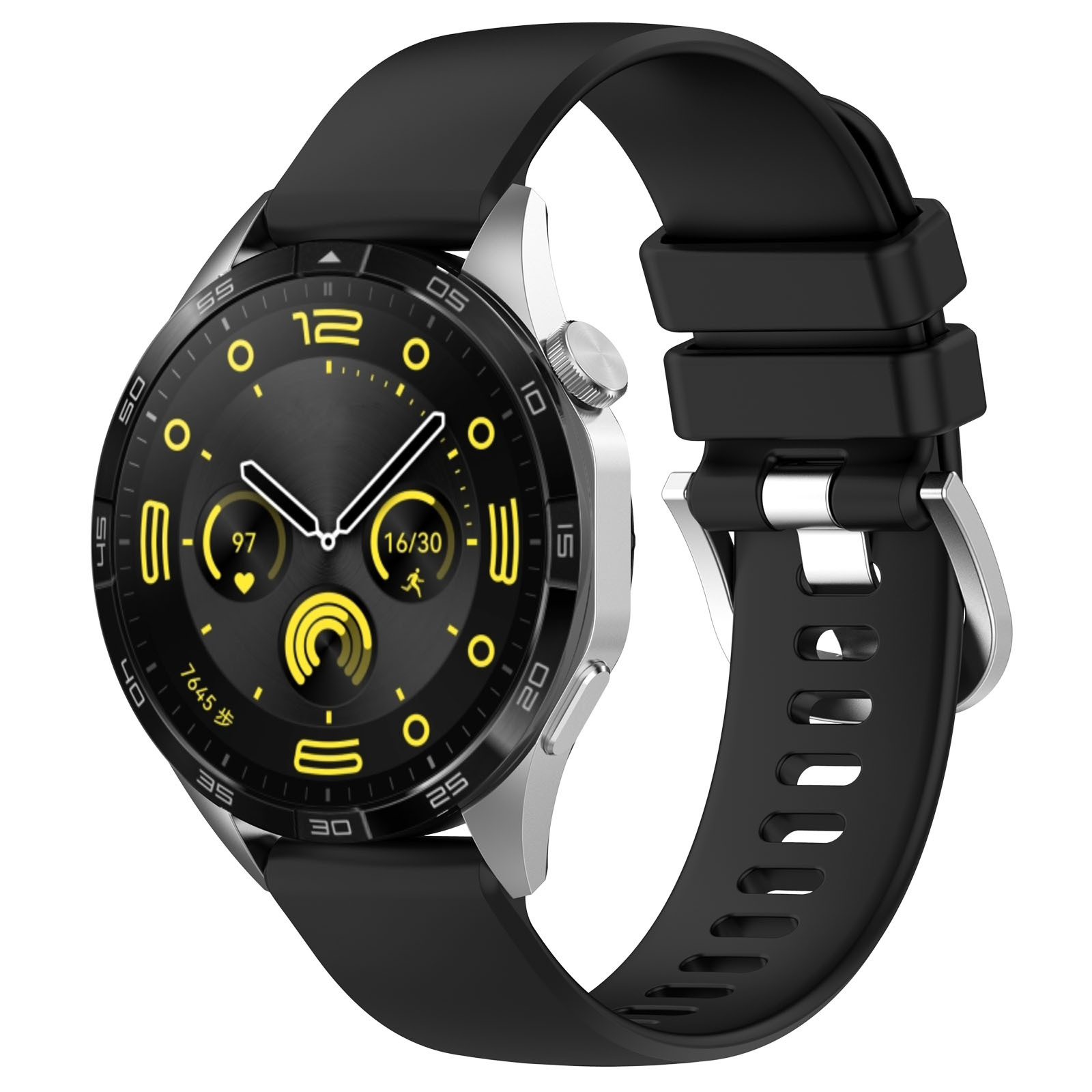 Schwarze Smartwatch mit schwarzem Armband. Die Uhr zeigt Zeit, Gesundheitsdaten und gelbe Akzente.