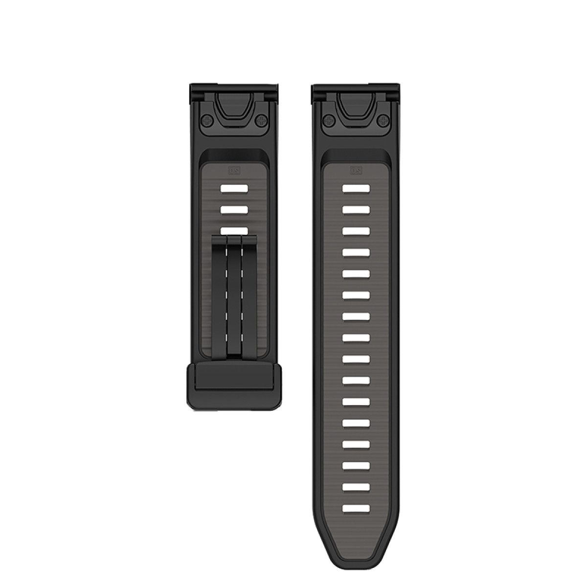 Zwei schwarze Uhrenarmbänder nebeneinander. Jedes hat rechteckige Löcher und einen Verschluss.