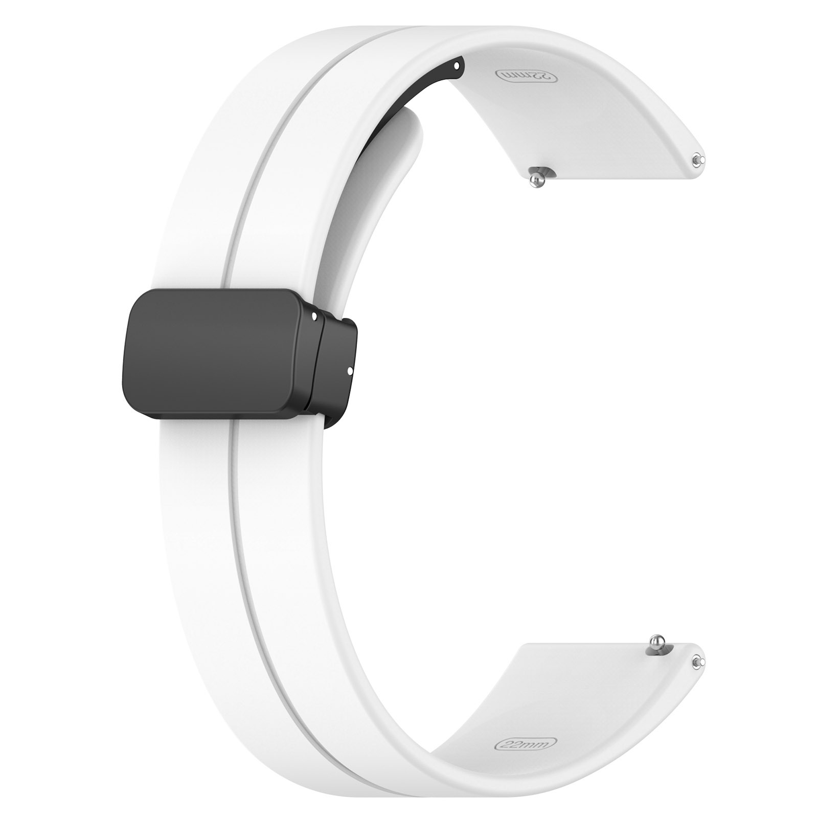 Weißes Uhrenarmband mit schwarzem Verschluss. Weißer Hintergrund.