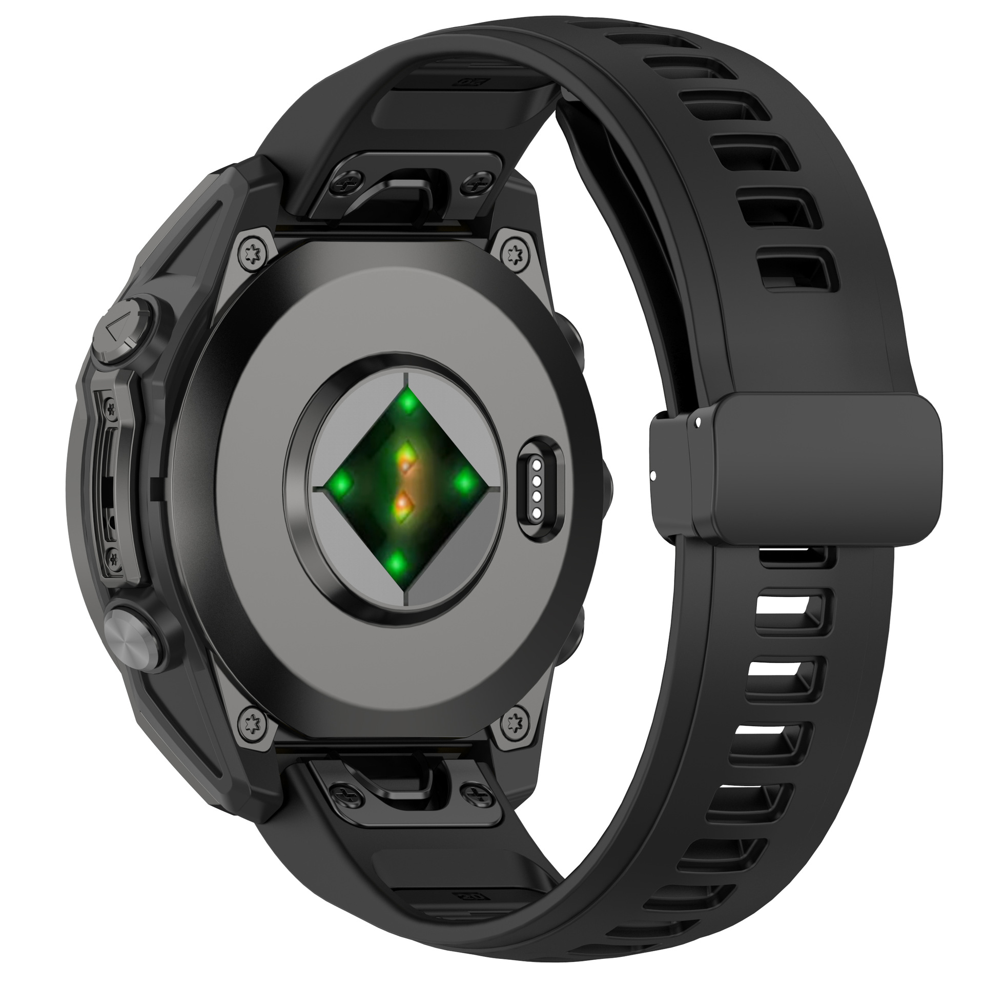 Rückansicht einer schwarzen Smartwatch mit schwarzem Armband. Grüne Lichter sind sichtbar.
