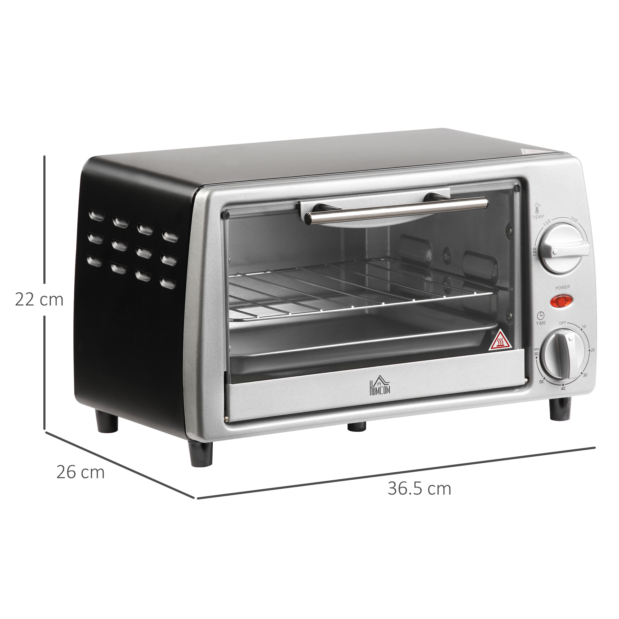 Ein silberner und schwarzer Toaster-Ofen mit Zentimeter-Abmessungen.