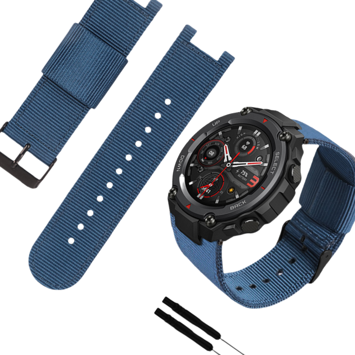 Eine Smartwatch mit blauem Stoffarmband, Ersatzstiften und einem schwarzen Schnallenarmband.