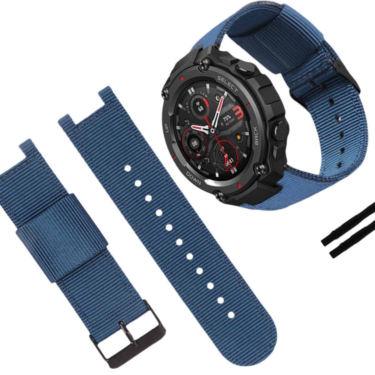 Blaues Uhrenarmband mit einer schwarzen Smartwatch. Die Uhr ist rund und hat eine schwarze Lünette.