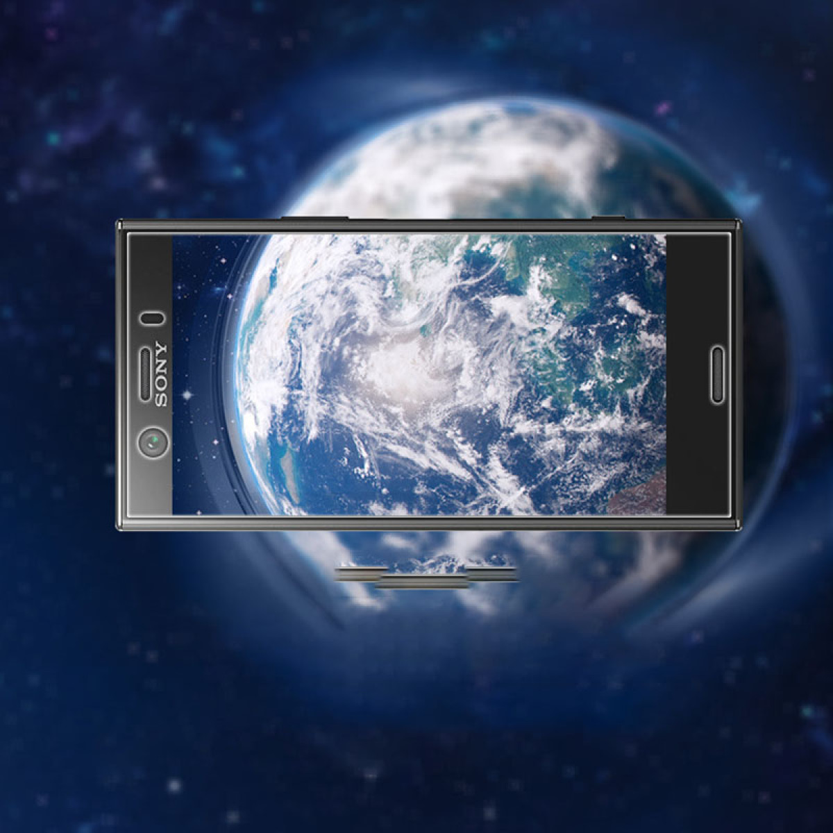 Uno smartphone mostra la Terra, incorniciata da una cornice scura, su uno sfondo spaziale blu.