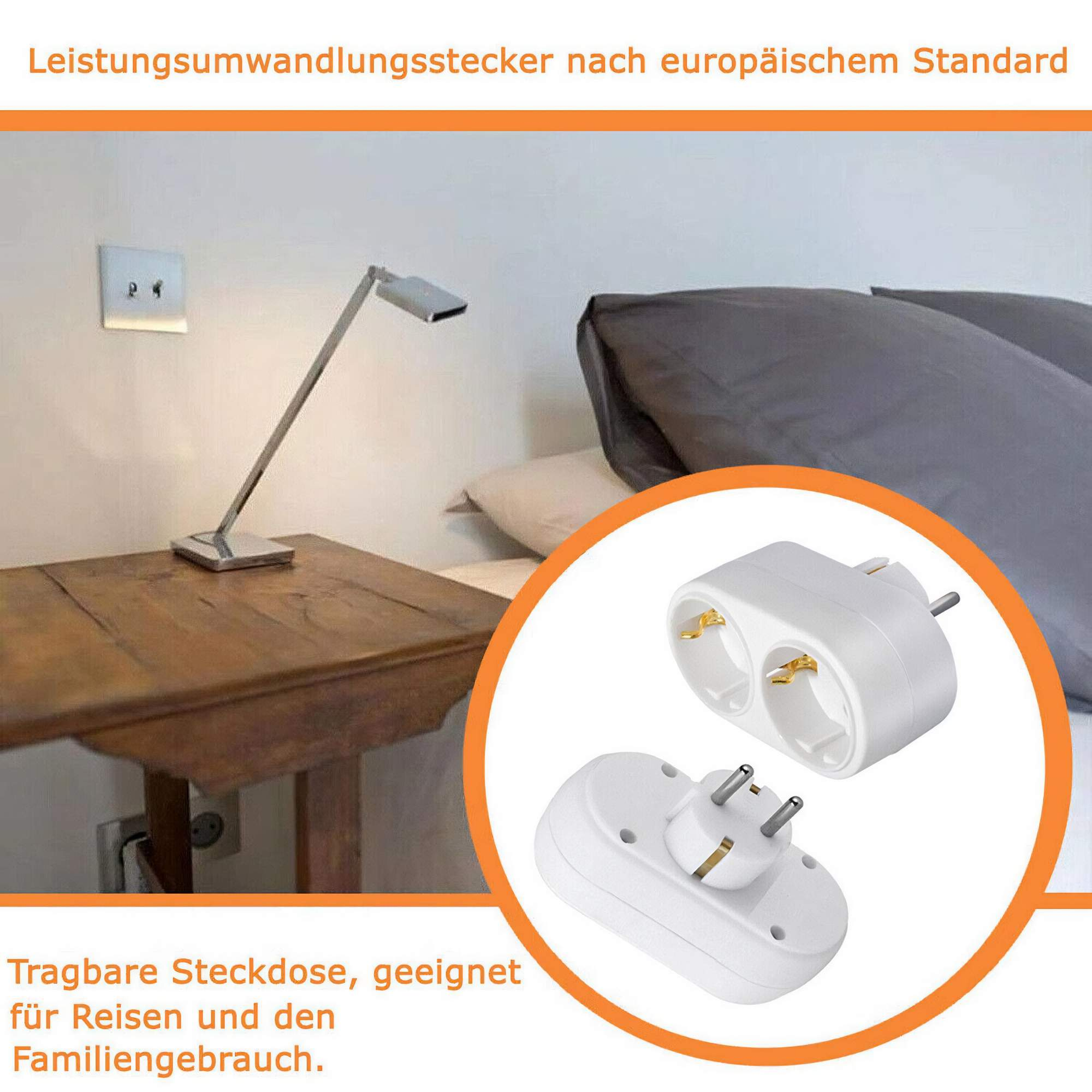 Ein Bild einer Lampe, einer Doppelsteckdose und eines Steckdosenadapters mit deutschem Text. Für Reise und Familie.