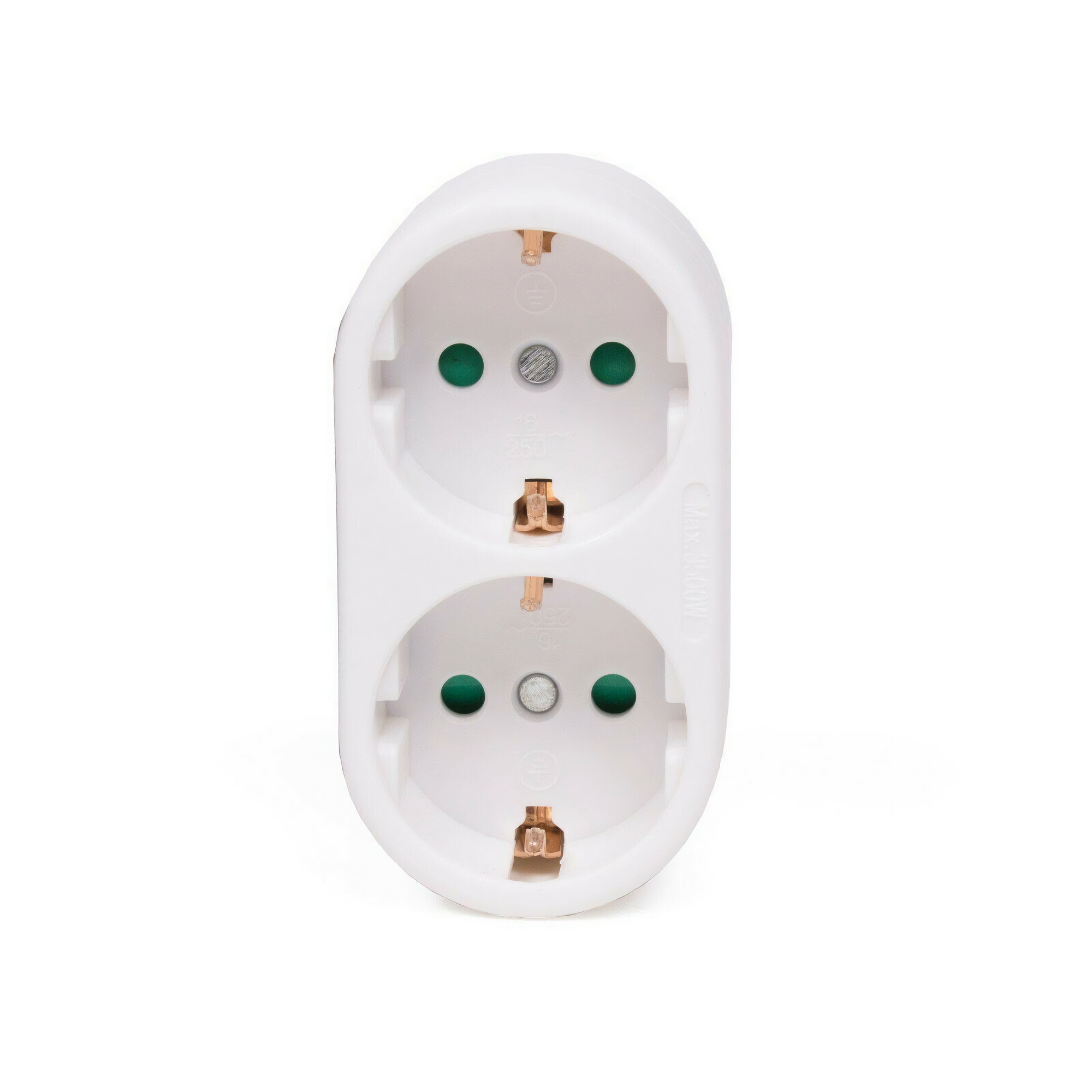 Ein weißer Doppelsteckdosenadapter. Er hat zwei Steckdosen und goldfarbene Stifte für einen europäischen Stecker.
